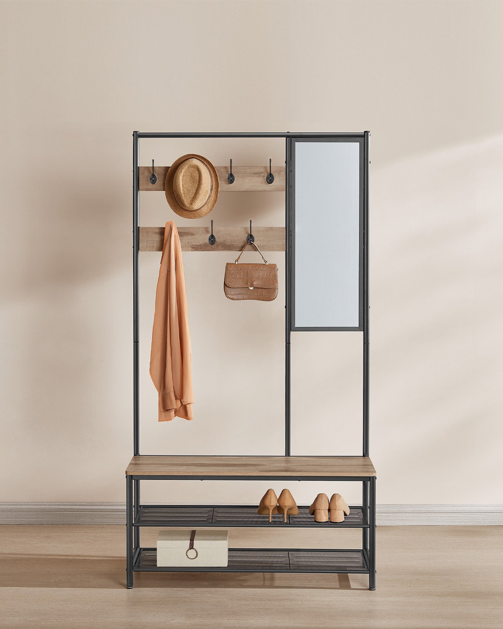 Meuble d’Entrée avec Crochets, Miroir, Banc et Étagère à Chaussures, Porte-manteaux, Vestiaire, 35 x 98 x 180 cm, Marron Camel et Noir d'Encre - 2