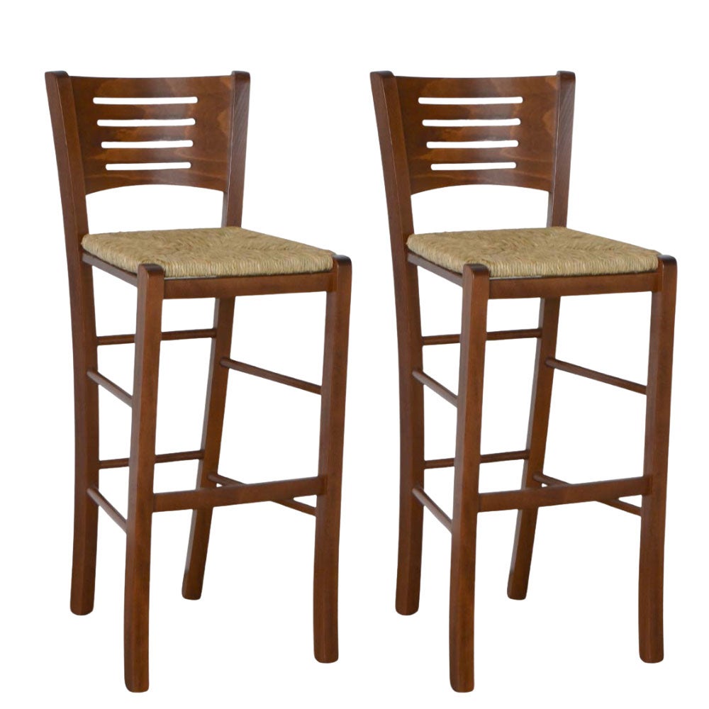 Taburetes altos de bar verona en madera de nogal oscuro h 73 con asiento de paja x 2