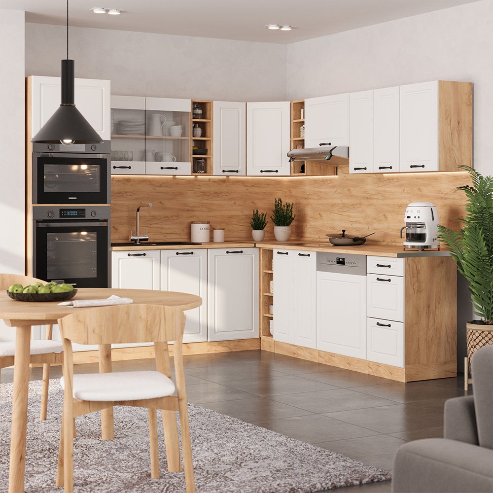 Vicco Cuisine en angle R-Line, Blanc campagnard/Chêne doré, 247x60cm , PT Chêne - 4