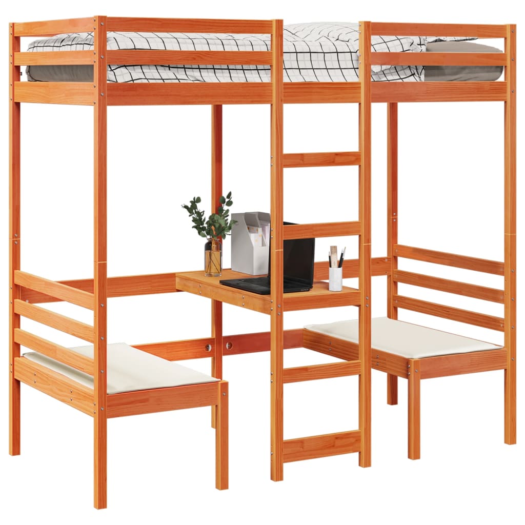 Lit mezzanine avec bureau et chaises, pin, brun ciré, pour la chambre, 75 × 190 cm - 4