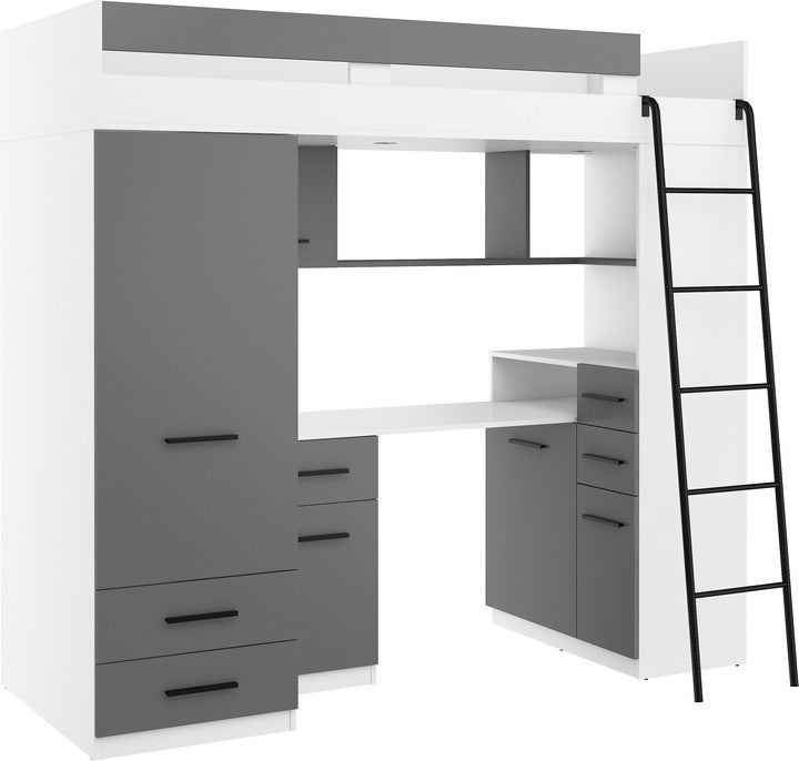 Lit Mezzanine 80x200cm avec échelle Placard, Bureau, bibliothèque et ...