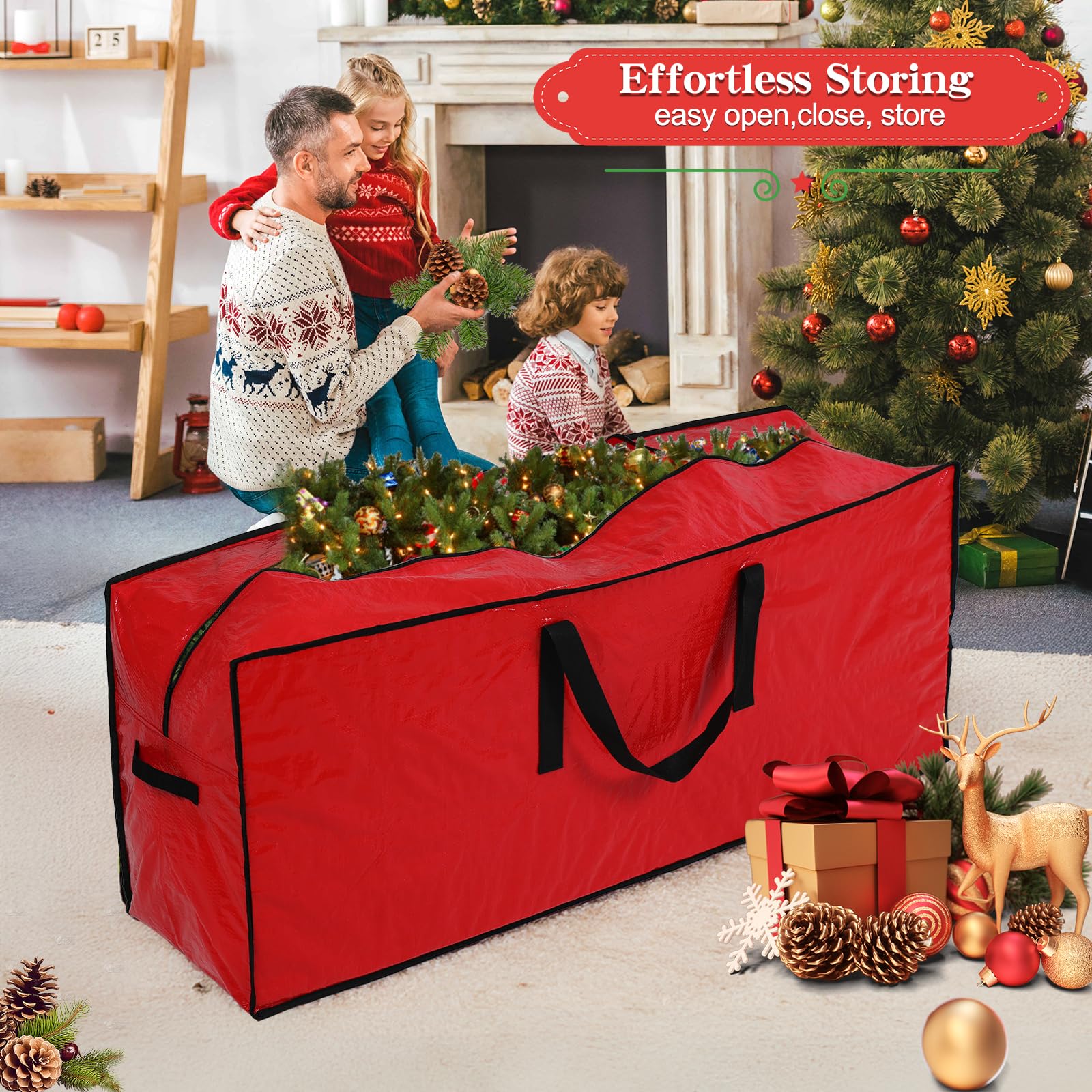 1 sac de rangement pour sapin de Noël, sac de rangement vertical pour les débarras, double fermeture éclair, matériau imperméable, pour le salon. - 3