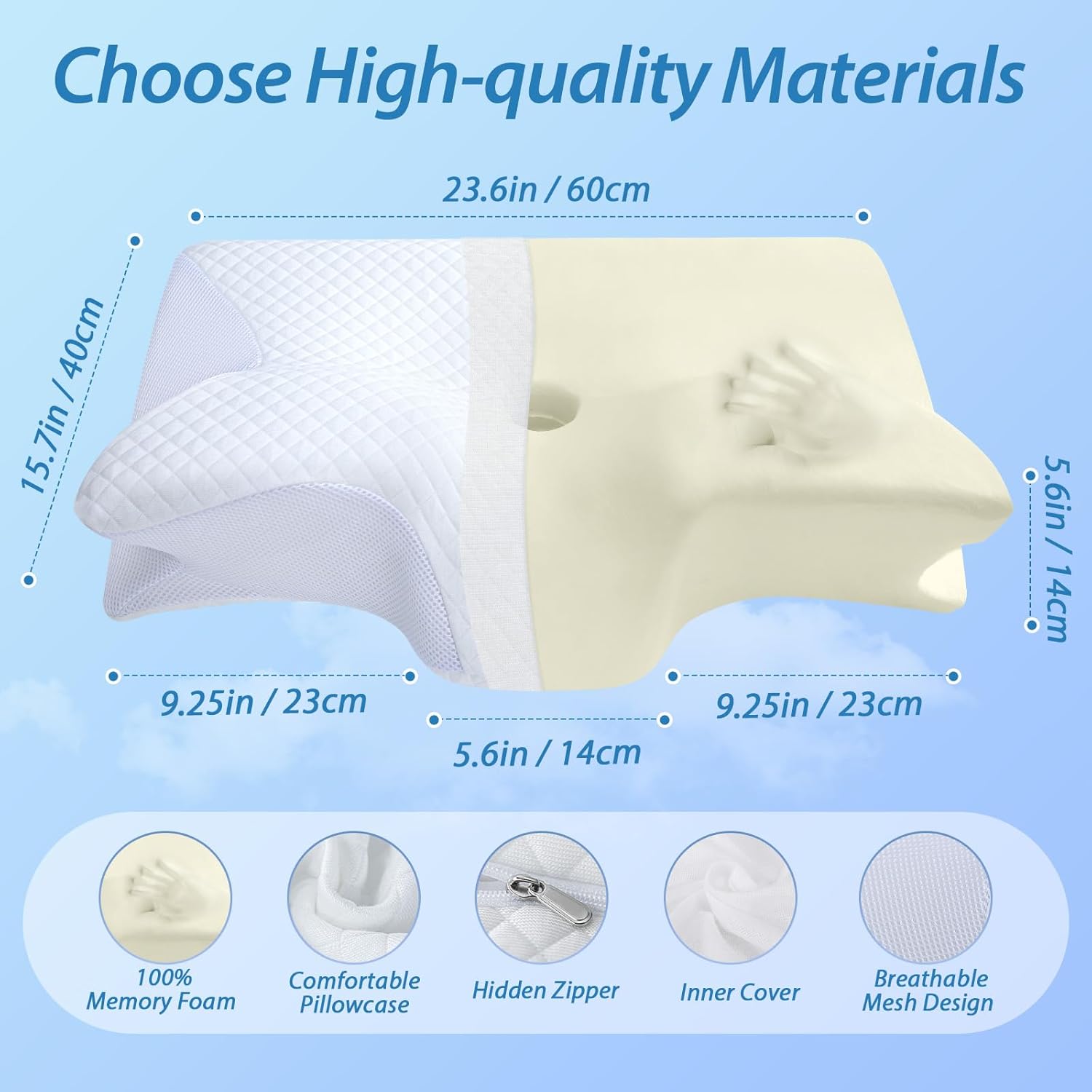 Cuscino Cervicale Ergonomico In Memory Foam 60x40: Supporto Per Collo E Schiena, Federa Lavabile