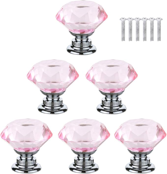 Boutons de meubles en cristal rose, 6 pièces, 30 mm, pour placards et ...