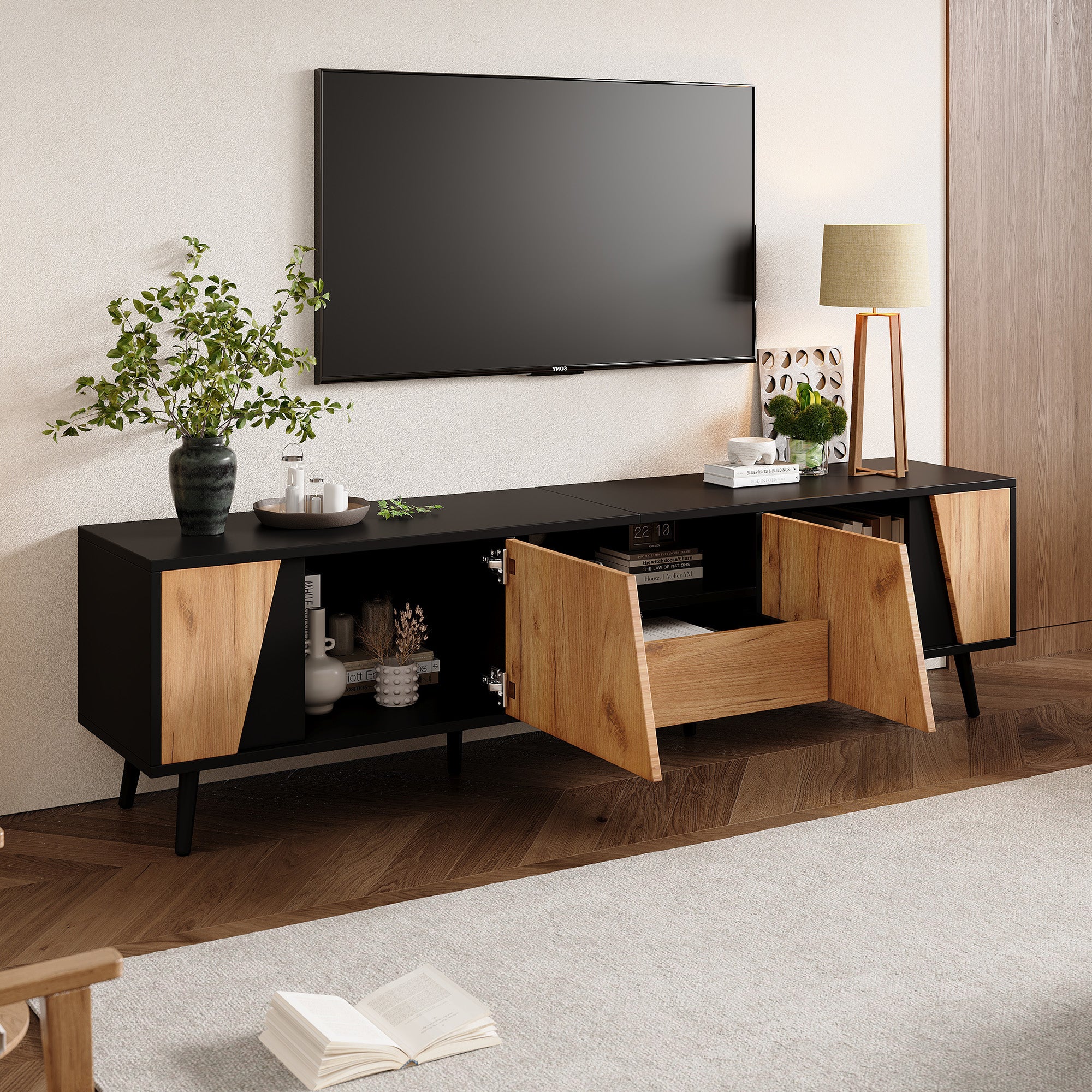 Mobile TV con 2 ante e 1 cassetto - 180 x 40 x 46 cm - Pannello truciolare e gambe in legno massello - Nero e naturale - 5