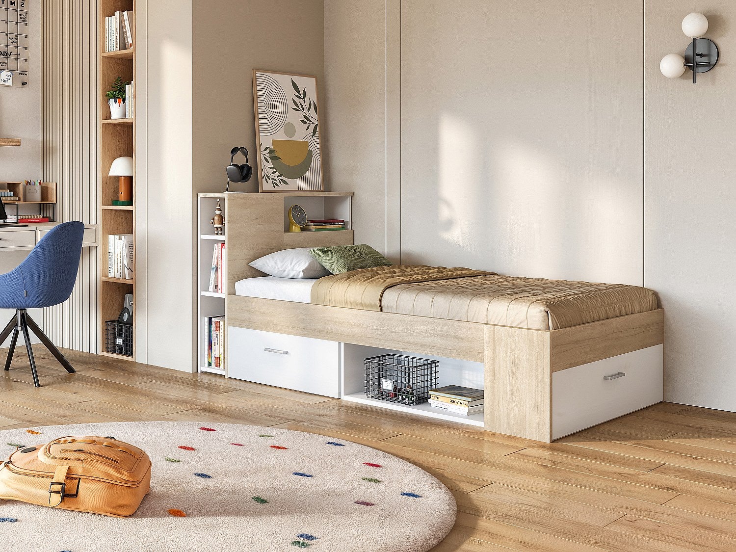 Łóżko LEANDRE z zagłówkiem, ze skrzynią i szufladą – 90 × 190 cm – kolor biały i naturalny, materac i stelaż w zestawie