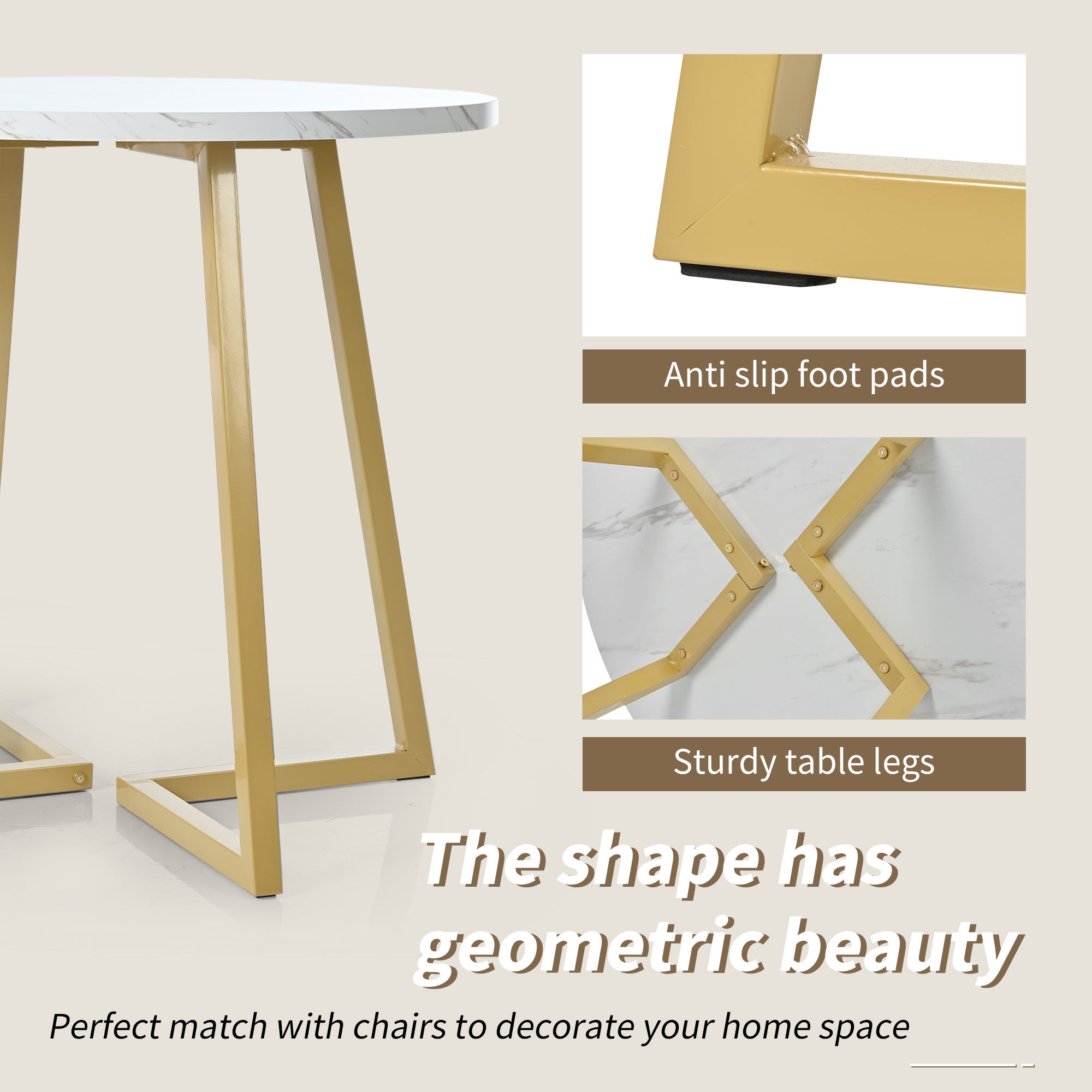 Okrągły stół jadalny dla 4-6 osób - 80 x 80 x 75 cm - MDF i złote metalowe nogi - Wzór marmuru - Blabc - 7