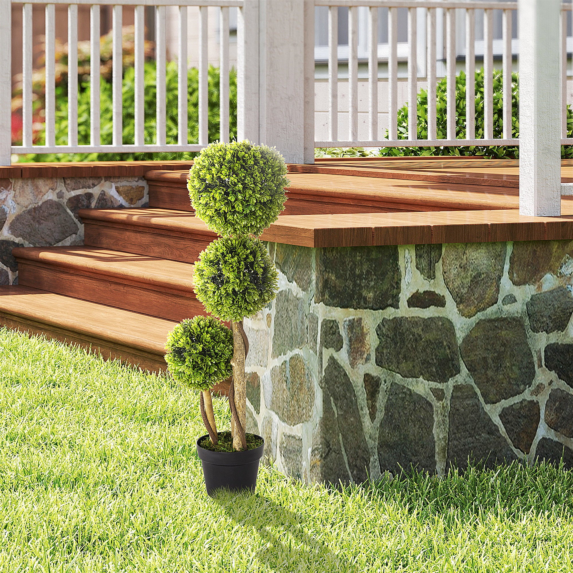 Plante artificielle de buis avec 3 boules, fausse plante pour l'intérieur et l'extérieur, pot inclus et base renforcée, hauteur 90 cm - 2