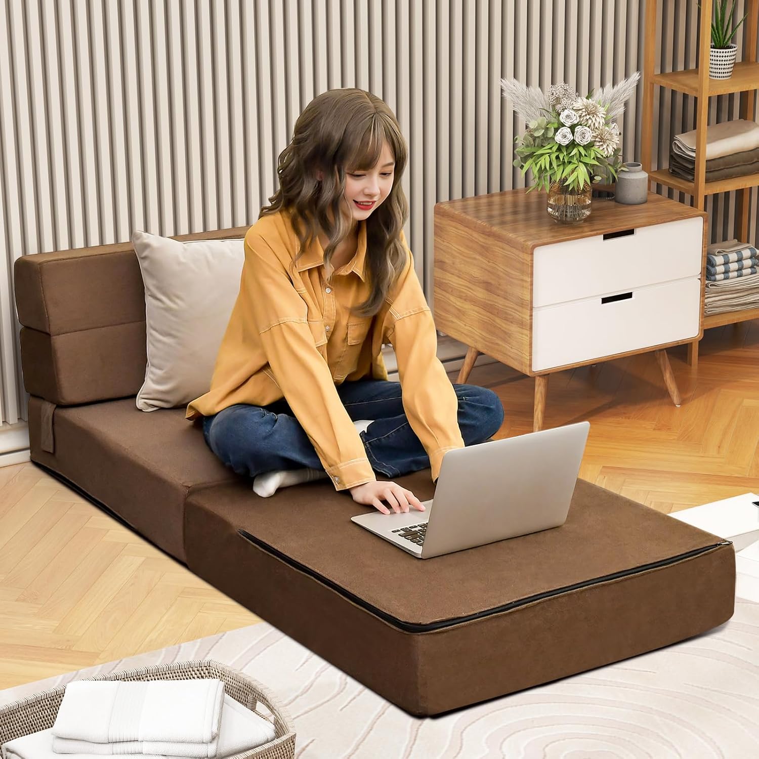 Canapé Lit 1 Place Convertible 3 en 1 avec Housse Amovible en Tissu Floqué,en Mousse pour Chambre, Invités, Voyage (71x190x15CM-3 en 1, Marron) - 5
