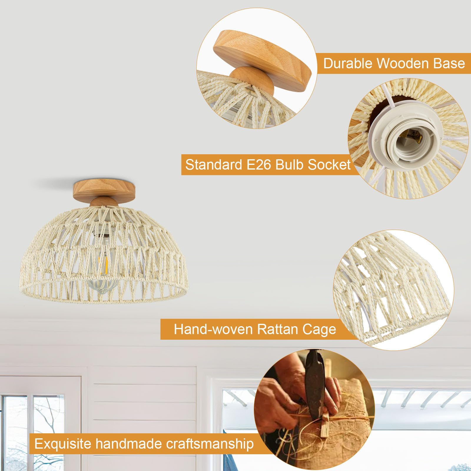 Lampa sufitowa z rattanu, żyrandol w stylu boho, ręcznie tkana lampa wisząca, żyrandol w stylu wabi-sabi do domu na wsi, sypialni, przedpokoju, holu - 5