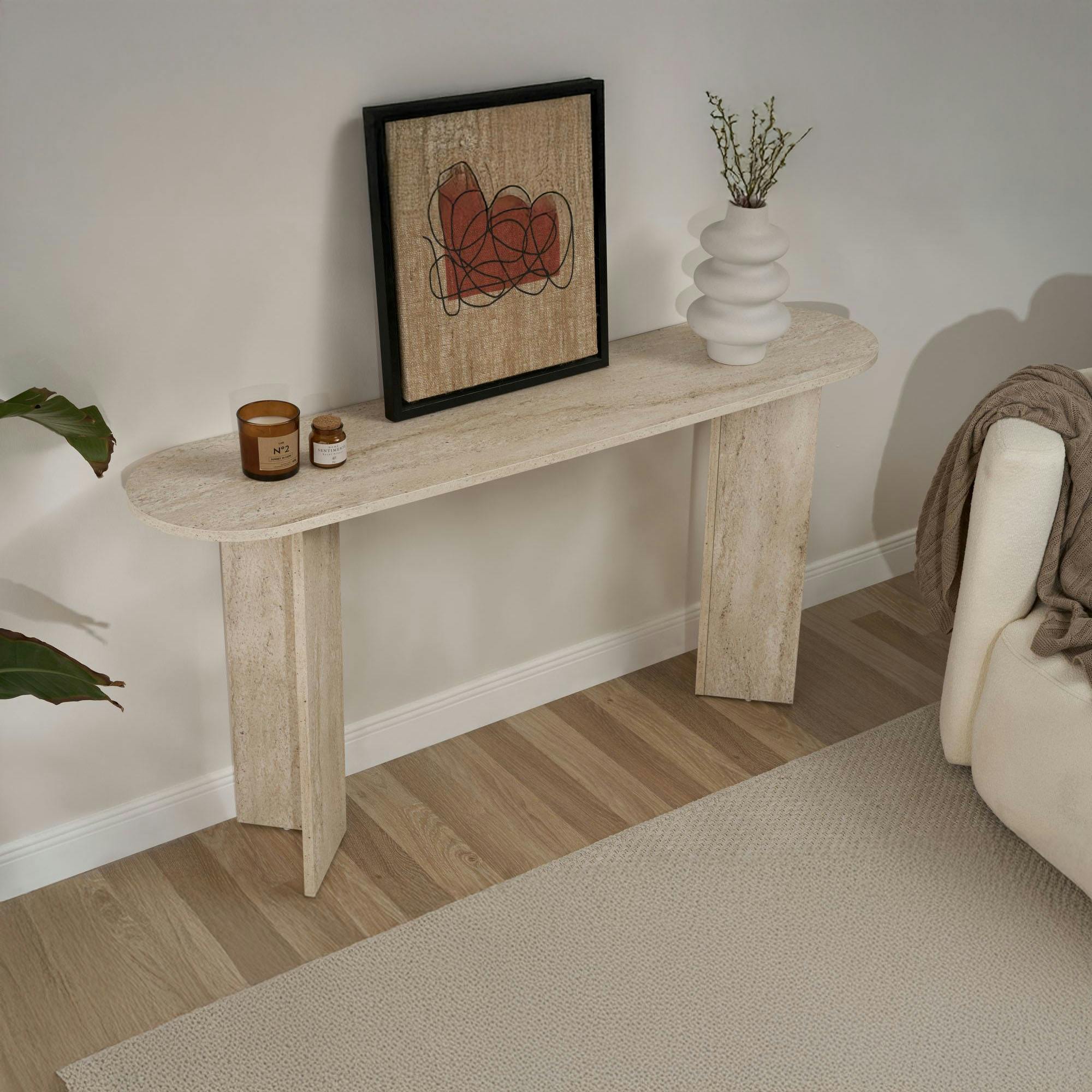 Console de salon ovale effet travertin - pieds en V MARFA - 3