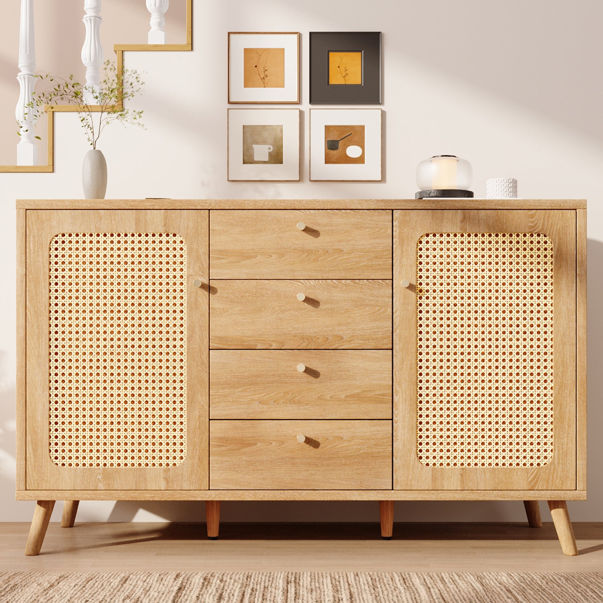 Komoda niska z 4 szufladami i 2 drzwiami, komoda - 140 x 40 x 86 cm - Płyta wiórowa i MDF - Jasny dąb