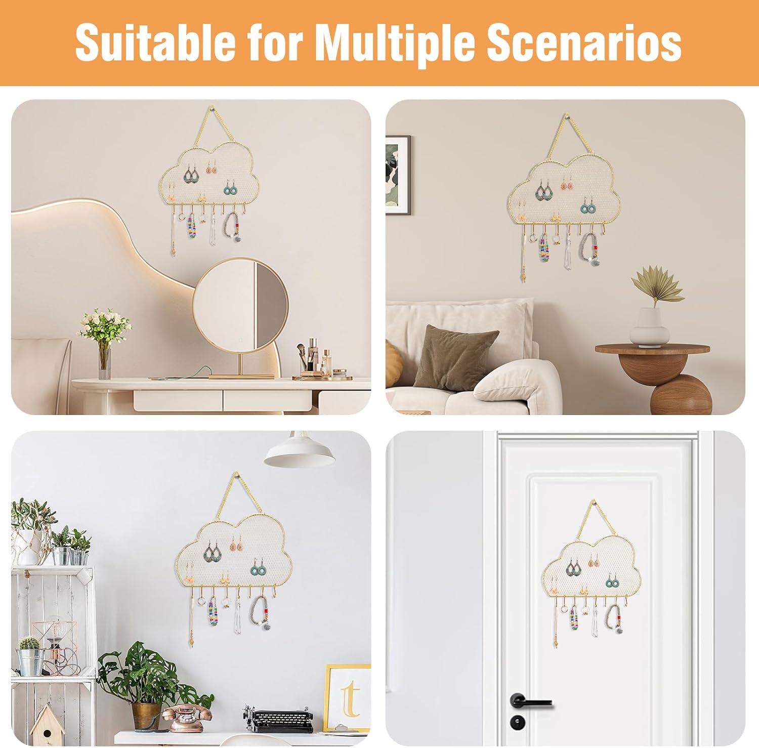 Organiseur de bijoux suspendu, présentoir mural en métal pour boucles d'oreilles et colliers,cadeau (Nuages) - 5