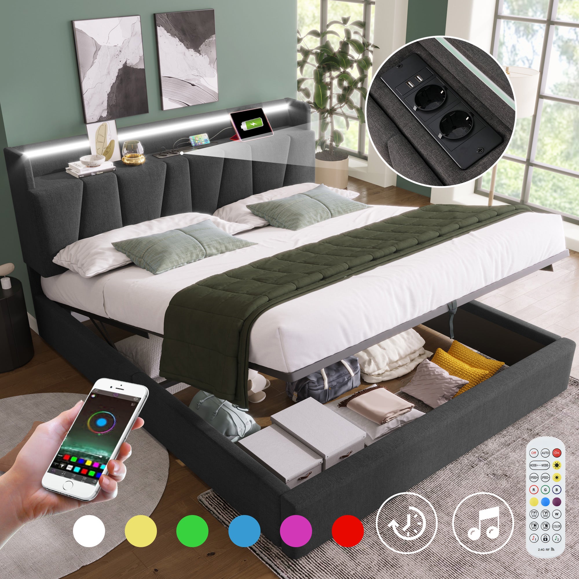 Lit Capitonné Gris 160x200 Avec Rangements, Lampes Et Ports USB | Tête De Lit Large Avec Étagères Et Sommier à Gaz