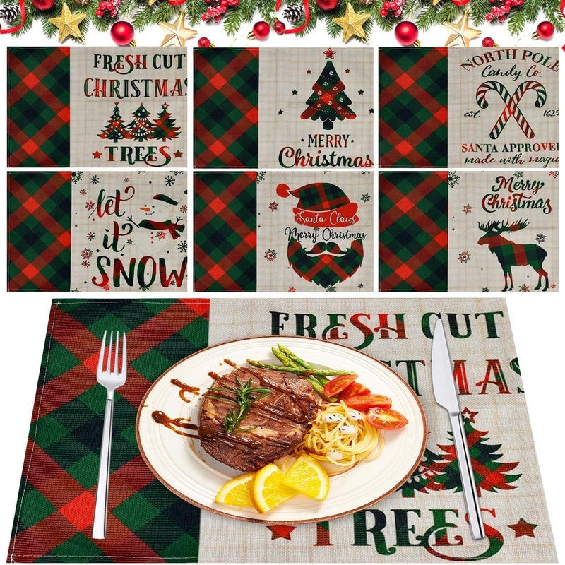 Zestaw 6 podkładek świątecznych, lniany, 45 x 30 cm, wzór choinki, zmywalny, zawiera podkładki i podstawki