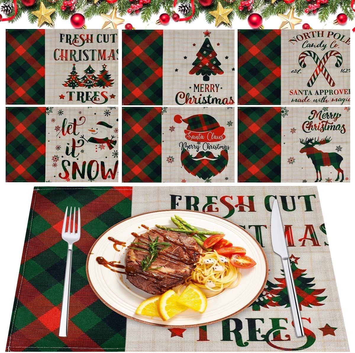Zestaw 6 podkładek świątecznych, lniany, 45 x 30 cm, wzór choinki, zmywalny, zawiera podkładki i podstawki