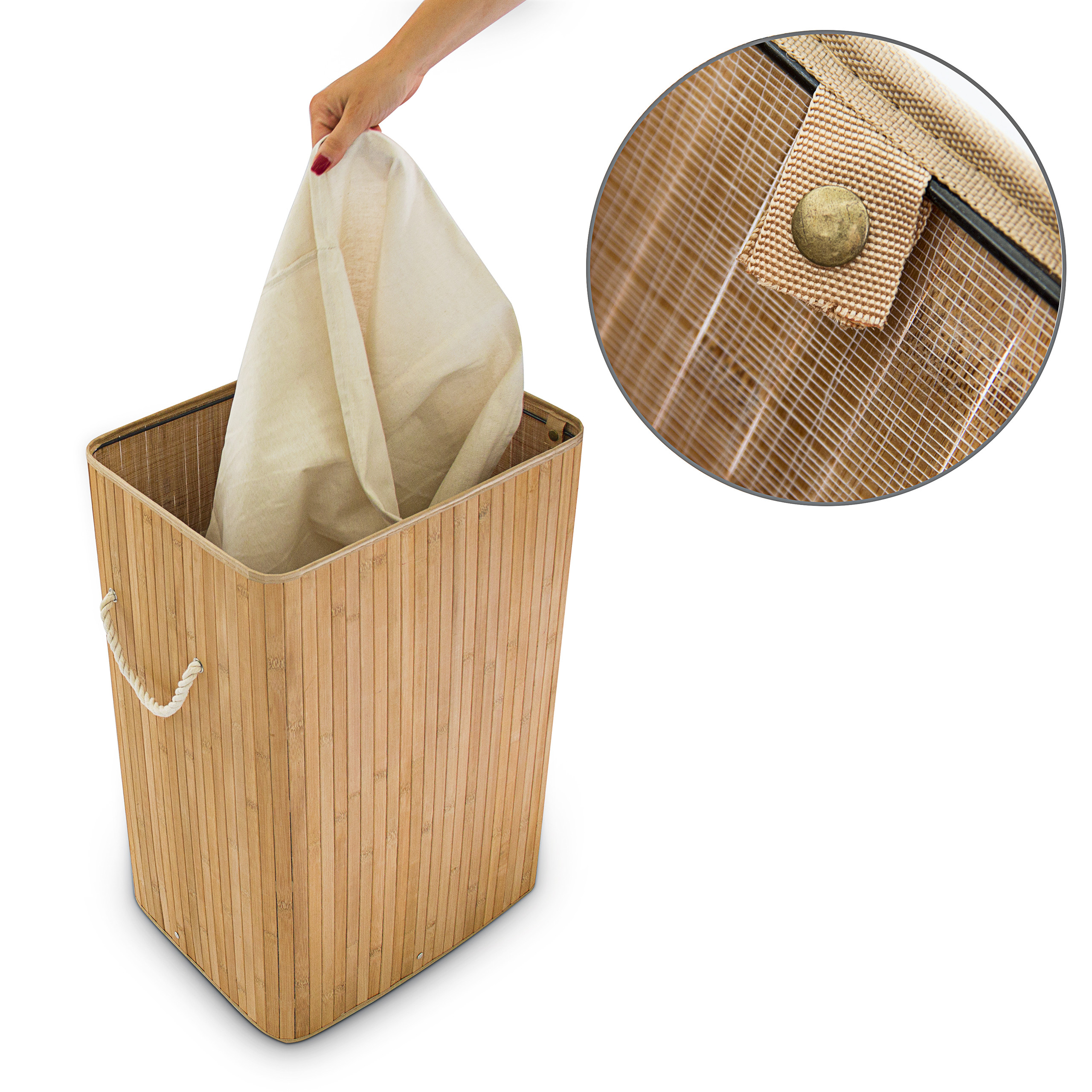 Panier à linge bambou, corbeille linge pliante, 83L, sac intérieur coton, 65,5 x 43,5 x 33,5 cm, nature, Relaxdays - 6