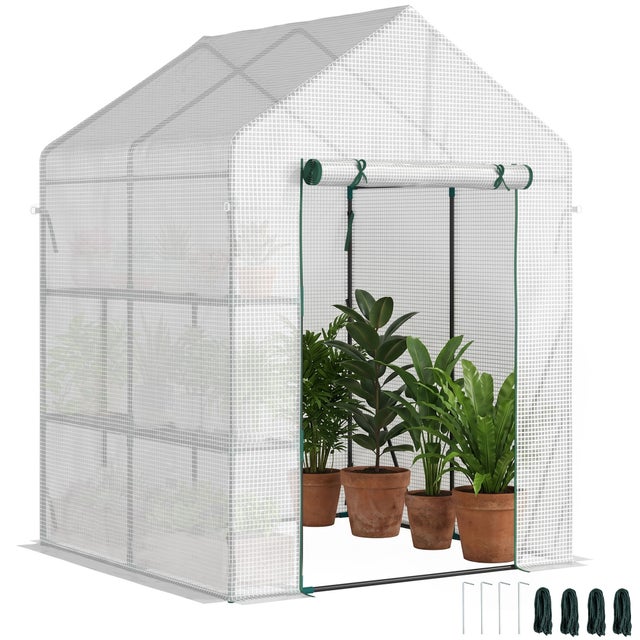 Serre de jardin - Outsunny - PE étagères 2 niveaux balcon bâche renforcée 140 g/m² fleurs - acier - 143x143x195cm - blanc