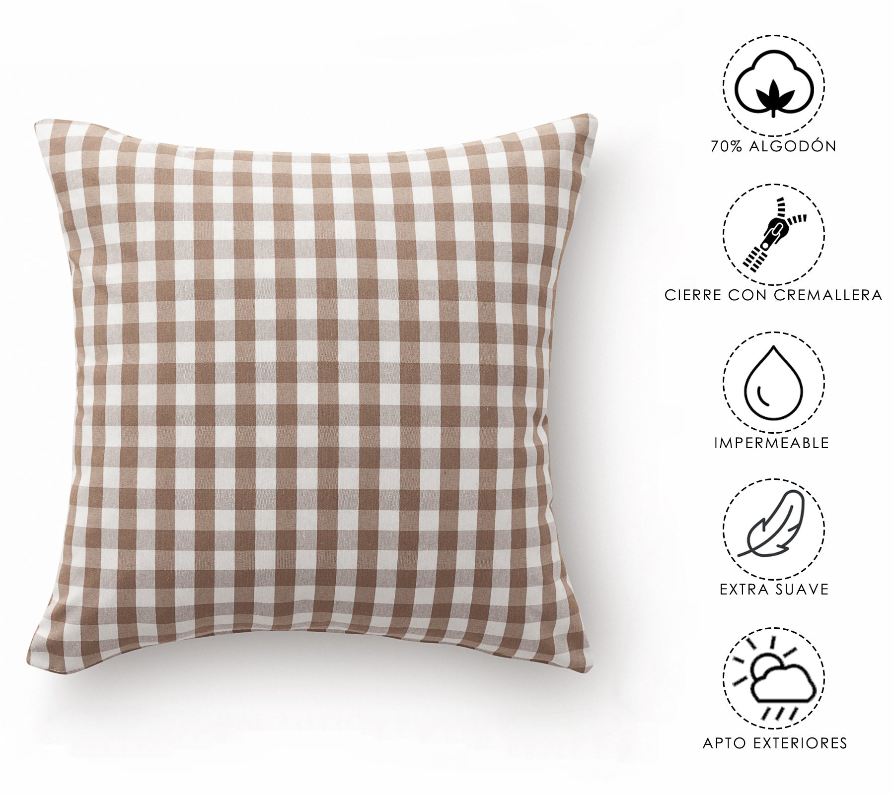 Set 2 fodere per cuscini Vichy 45x45 cm - Fodere decorative per cuscini per divano con cerniera, cotone traspirante e morbido, colore Talpa - 2