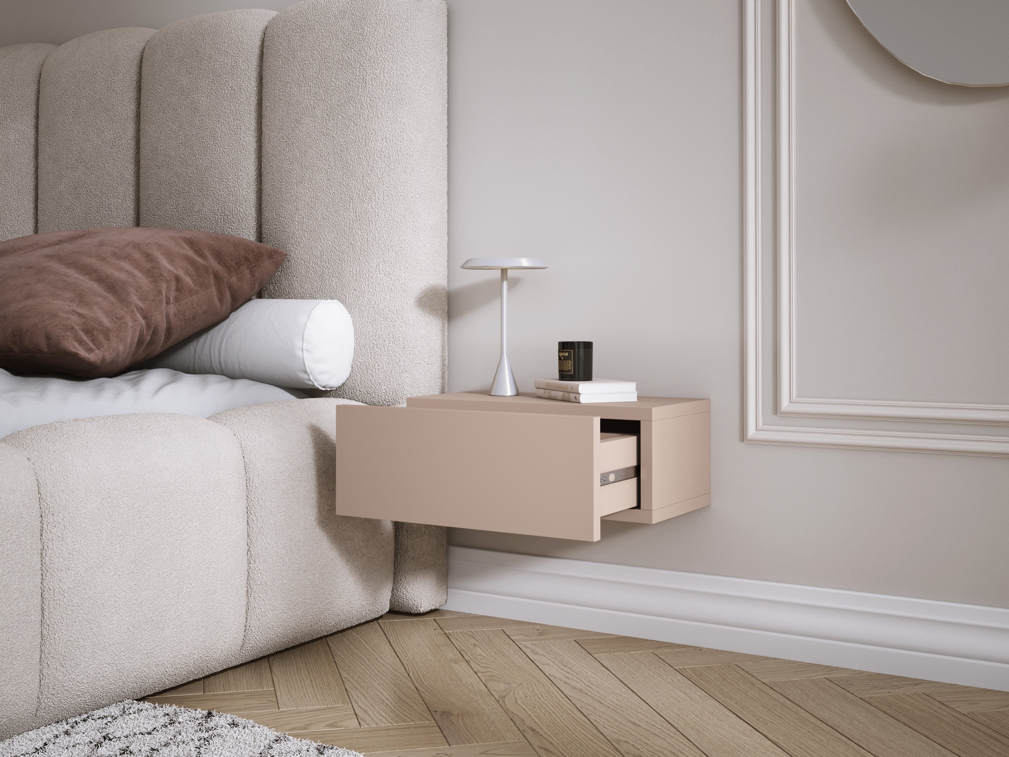 Comodino sospeso con cassetto – frontale liscio – colore: Marrone Caramello, 40 x 20 x 16 cm - 5