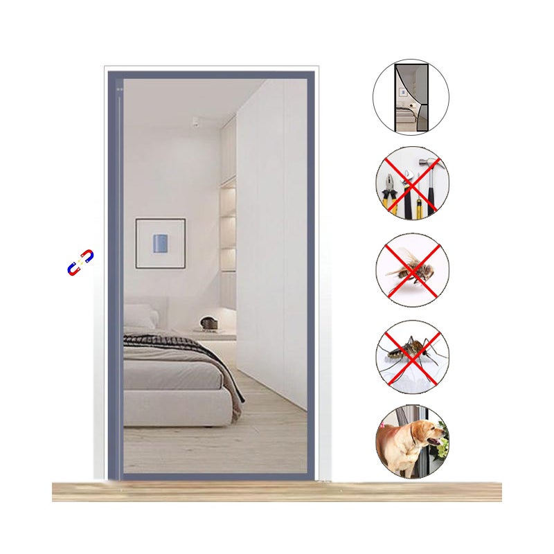 Zasłona do drzwi chroniąca przed owadami z magnesami i paskami samoprzylepnymi, magnetyczna zasłona do drzwi przeciw komarom, szara, 110 cm x 220 cm