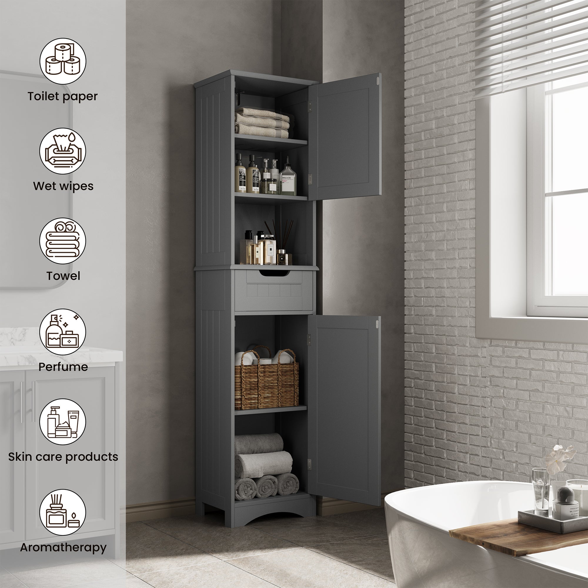 Bealife Mobile Colonna per Bagno con Ripiano con Piedistallo, Armadio Alto a 2 Ante, 1 Cassetto, 1 Ripiano Aperto e Ripiano Regolabile - 7