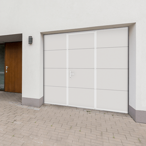 Porte de garage WICKET Sectionnelle | Avec portilon intégré | Prémontée | Blanc | Moteur LIFE | H.200 x L.240 cm | Motorisée