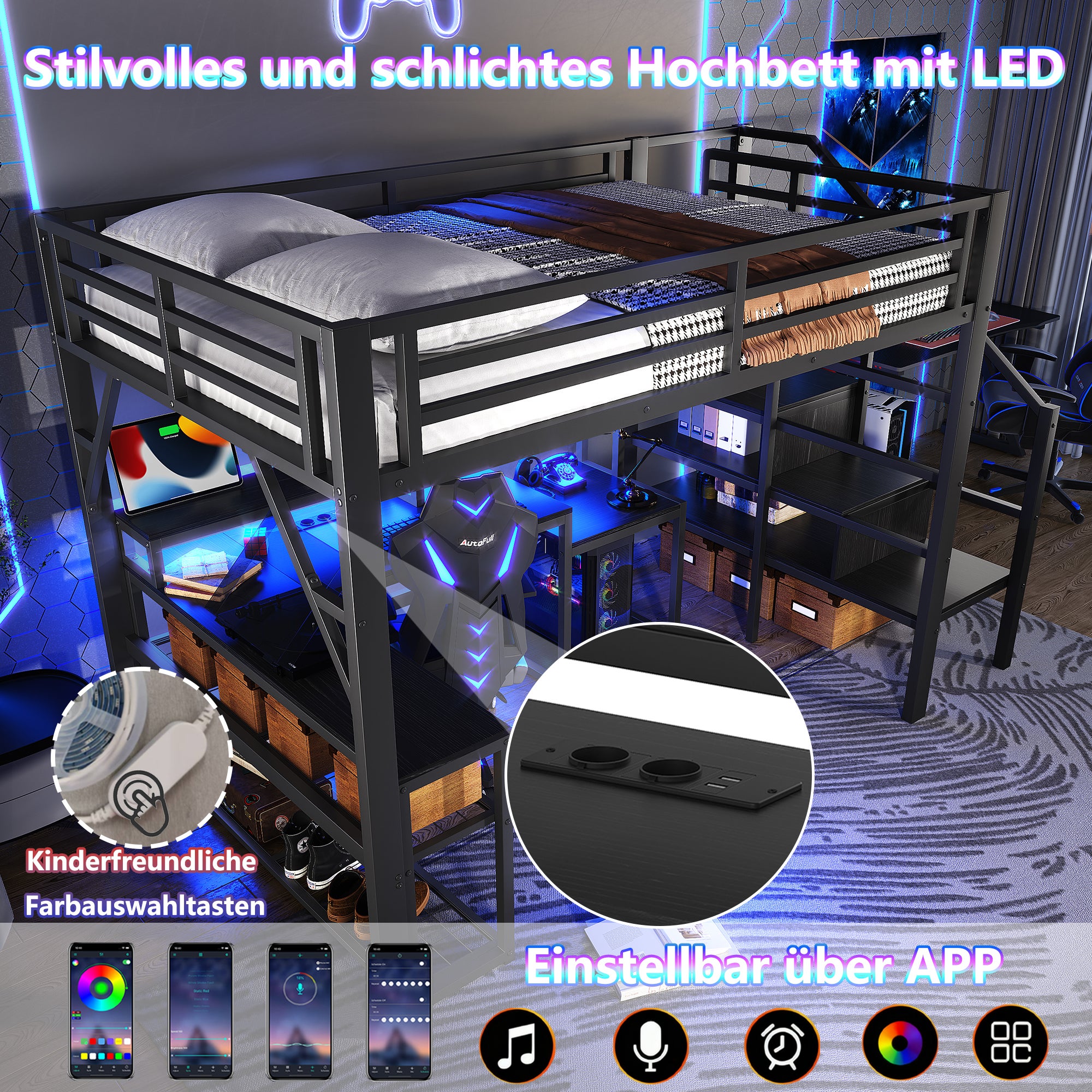 Lit mezzanine 140 x 200 cm avec LED et port USB et bureau, rangements et escalier avec stockage, garde-corps sécurité, sans matelas, Noir - 6