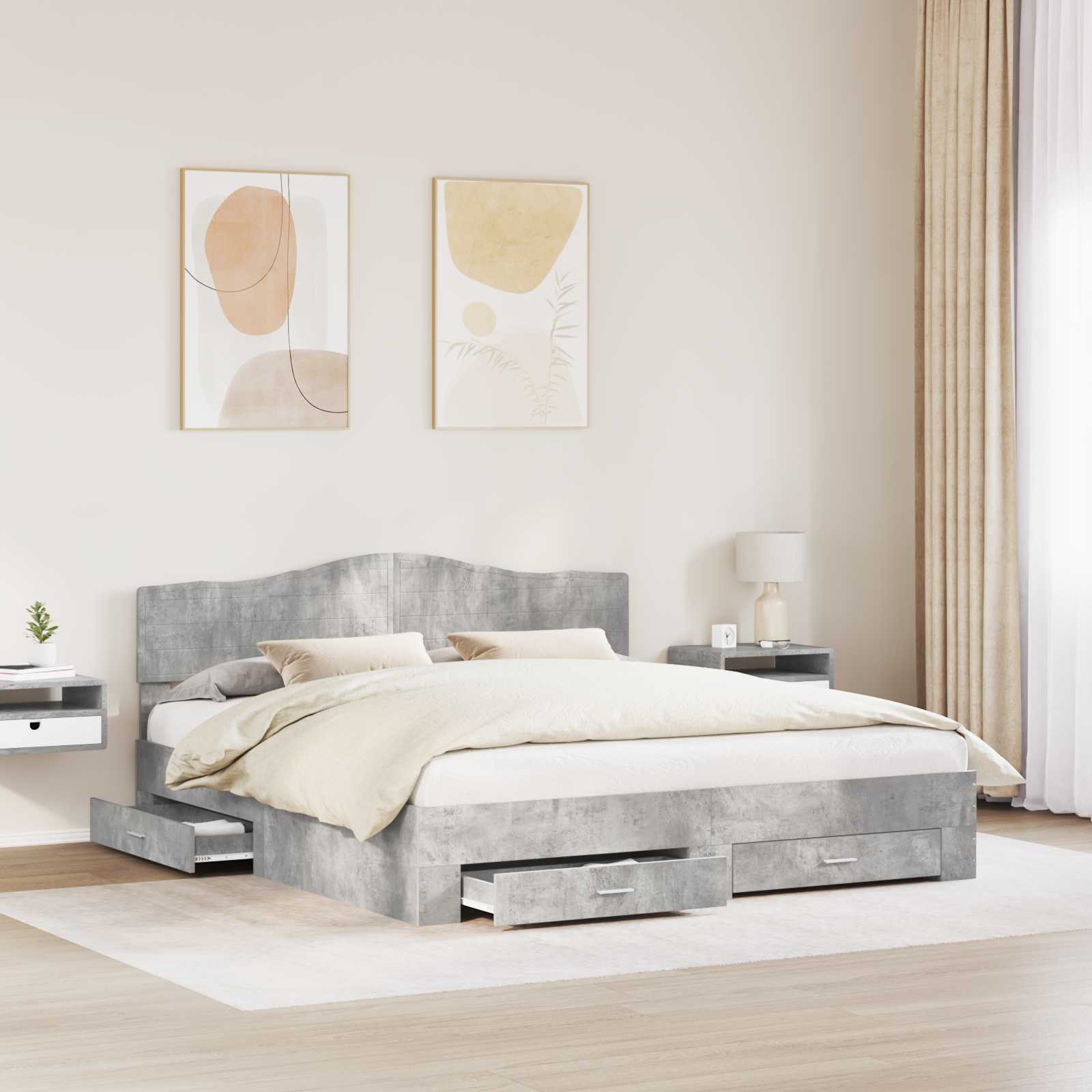 Cadre de lit en panneau de bois, gris béton, pour la chambre, 200 × 200 cm - 3