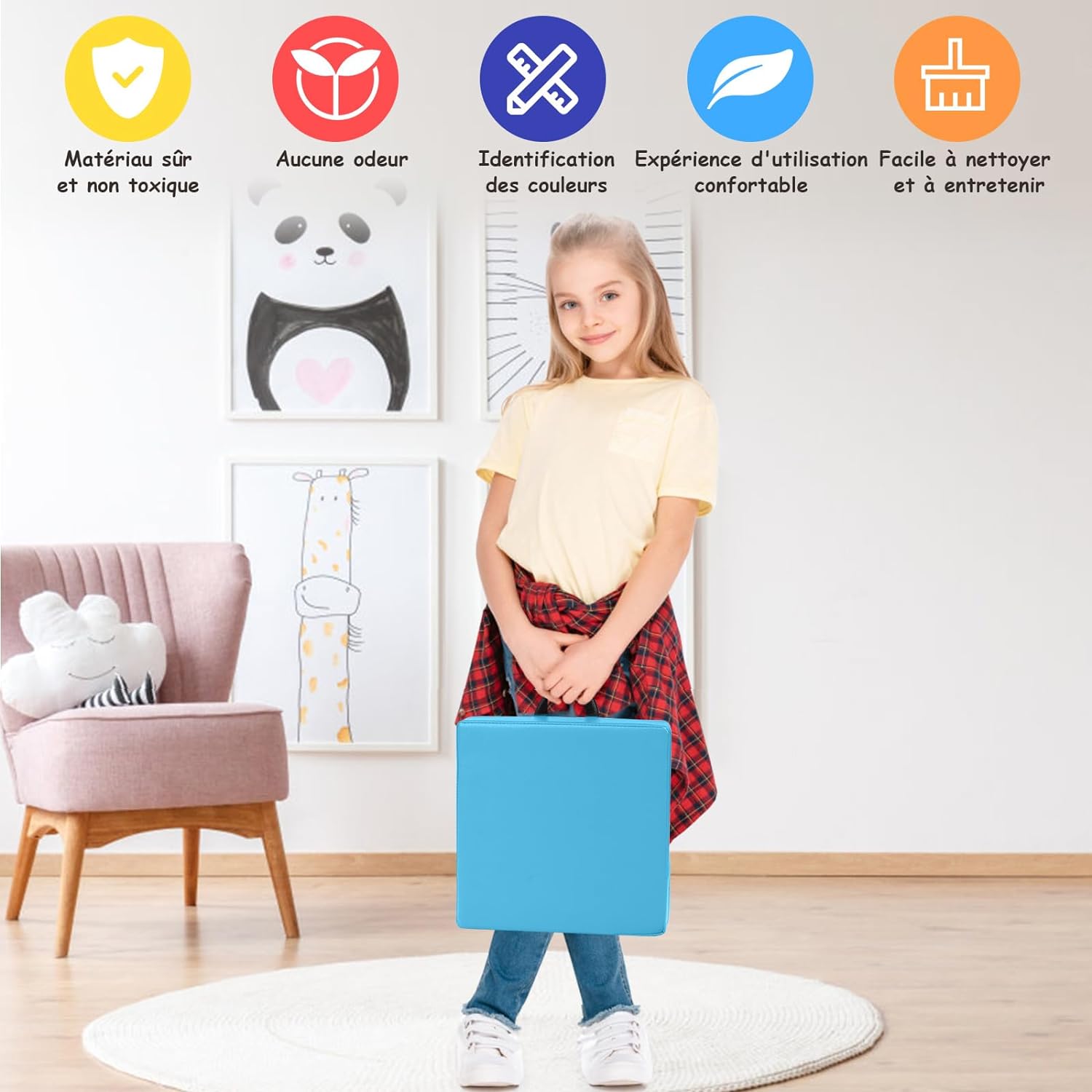 Tappeto per Bambini 6 Pezzi, Tappeto da Terra Cuscino Yoga Meditazione, per Camera da Letto e Salotto, Moderno 38x38x8cm (Quadrato(2)) - 5