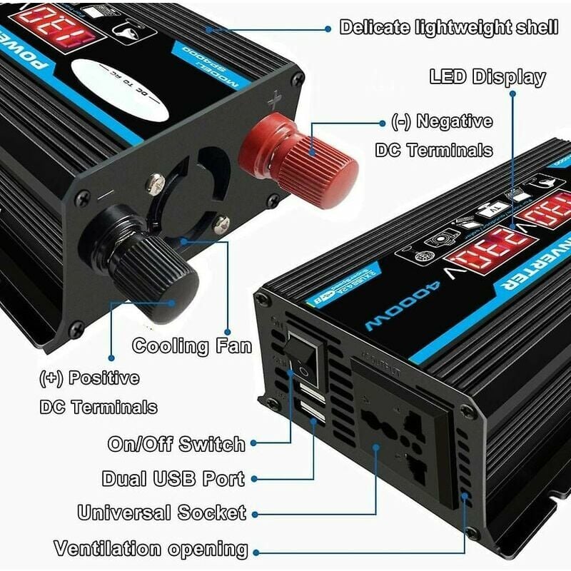 4000w 12v 220v LED AC car inverter chargeur adaptateur convertisseur double USB transformateur correction onde sinusoïdale - 2