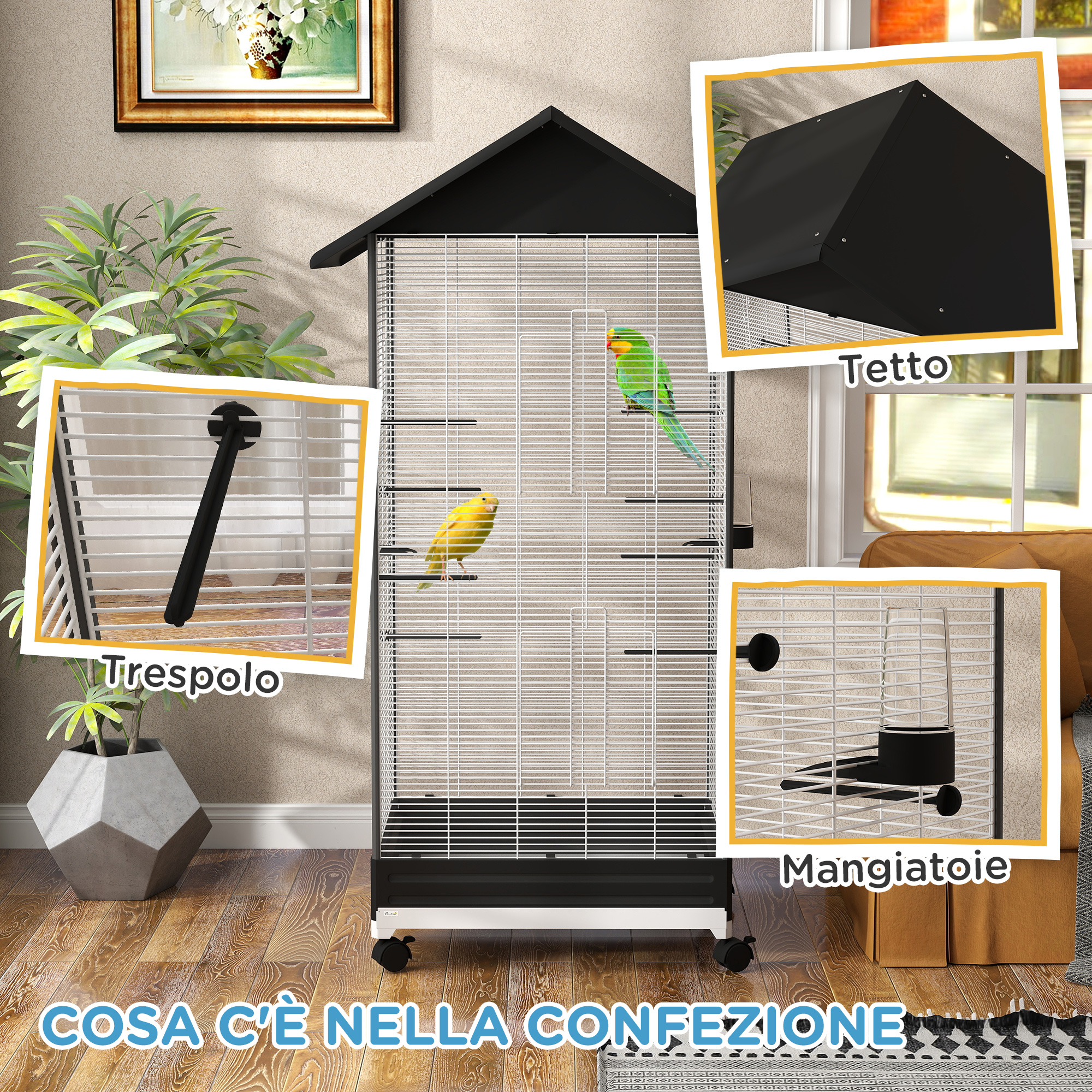 PawHut Gabbia per Uccelli con Ruote e Vassoio Estraibile, Voliera Alta 155 cm con Posatoi e Mangiatoie, Nero - 8