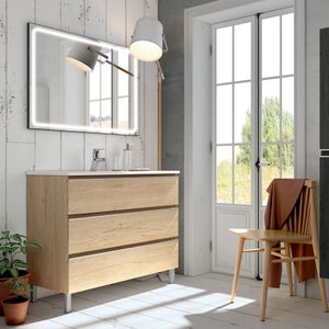 Meuble de salle de bain simple vasque - 3 tiroirs - PALMA et miroir Led VELDI - bambou (chêne clair) - 80cm