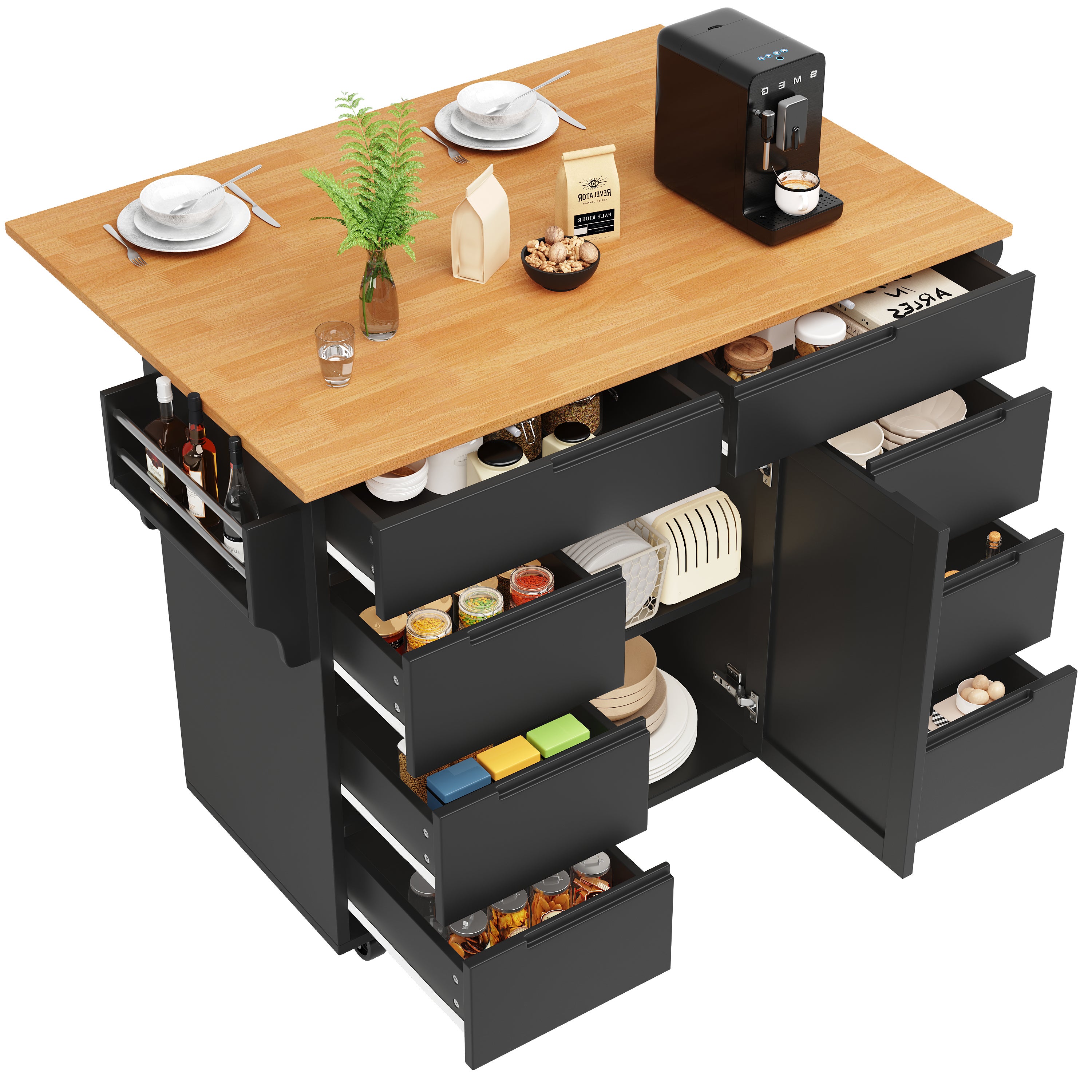 Ilot central de cuisine mobile - Plateau extensible - 8 tiroirs et 1 porte - Avec étagère à épices - MDF - Noir - 8