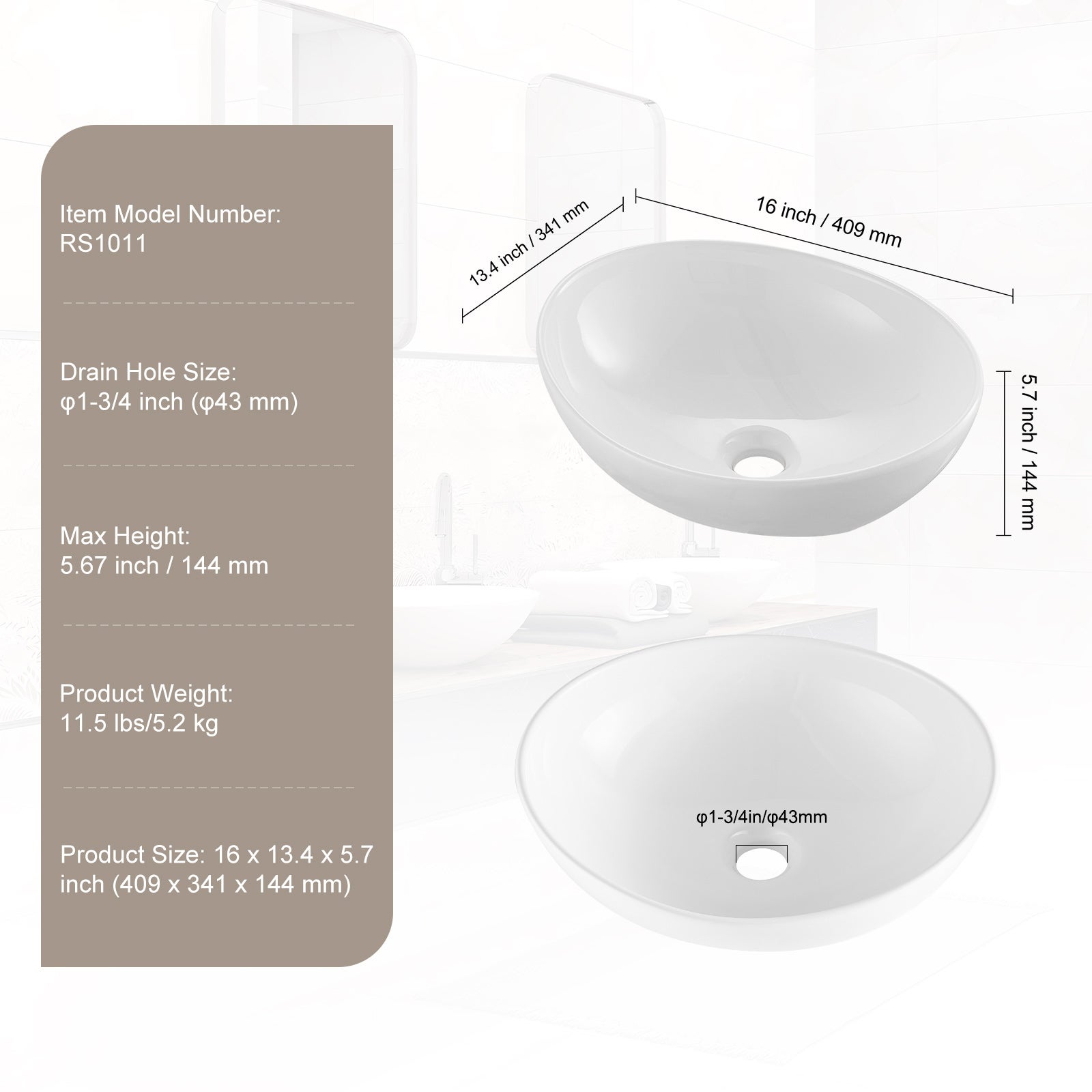 Lavabo oval em cerâmica SucceBuy 16