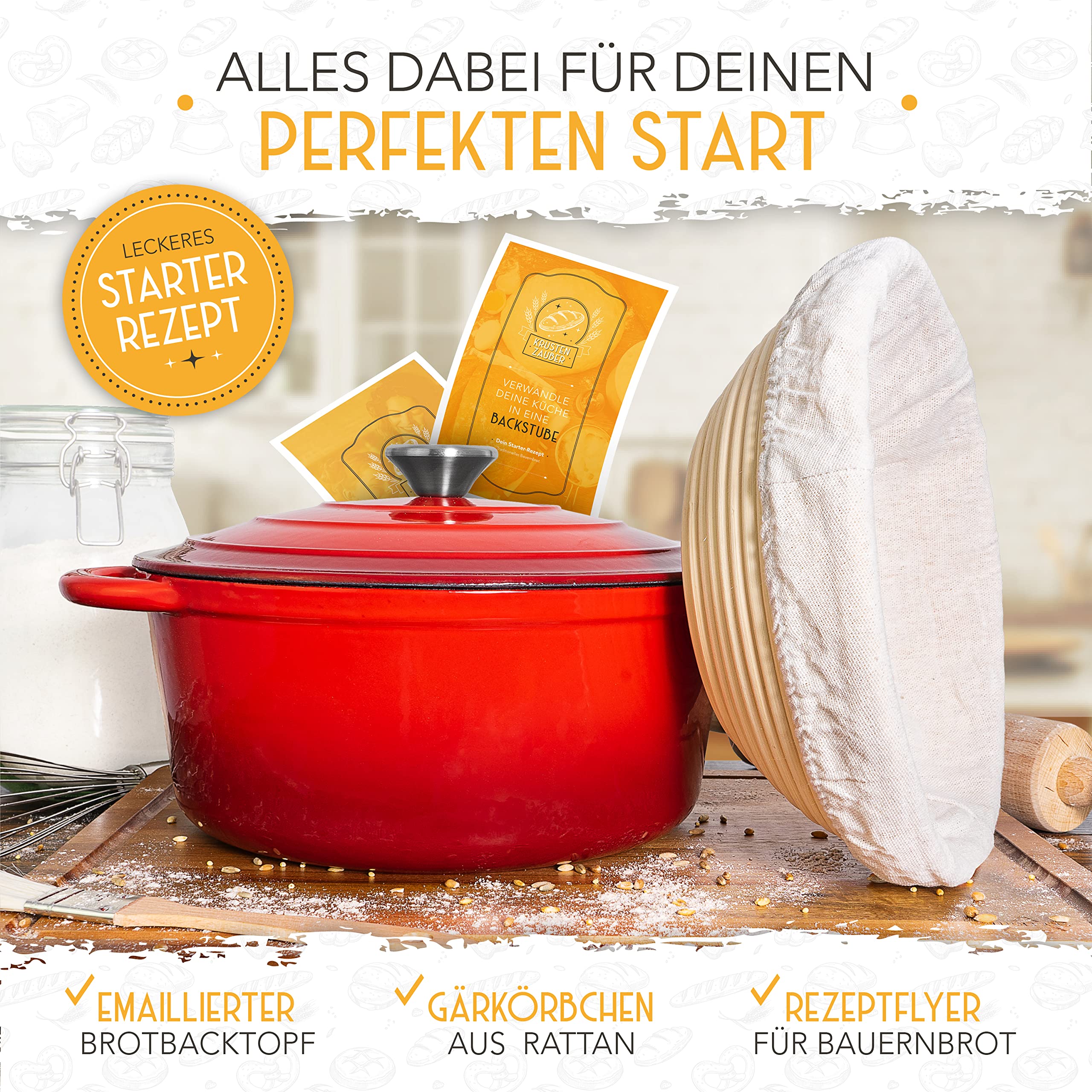 KRUSTENZAUBER Pentola in Ghisa Con Cestino per Lievitazione - Smaltata di Alta Qualità 26 cm - Ideale per Cuocere il Pane e Accessori da Forno - 2