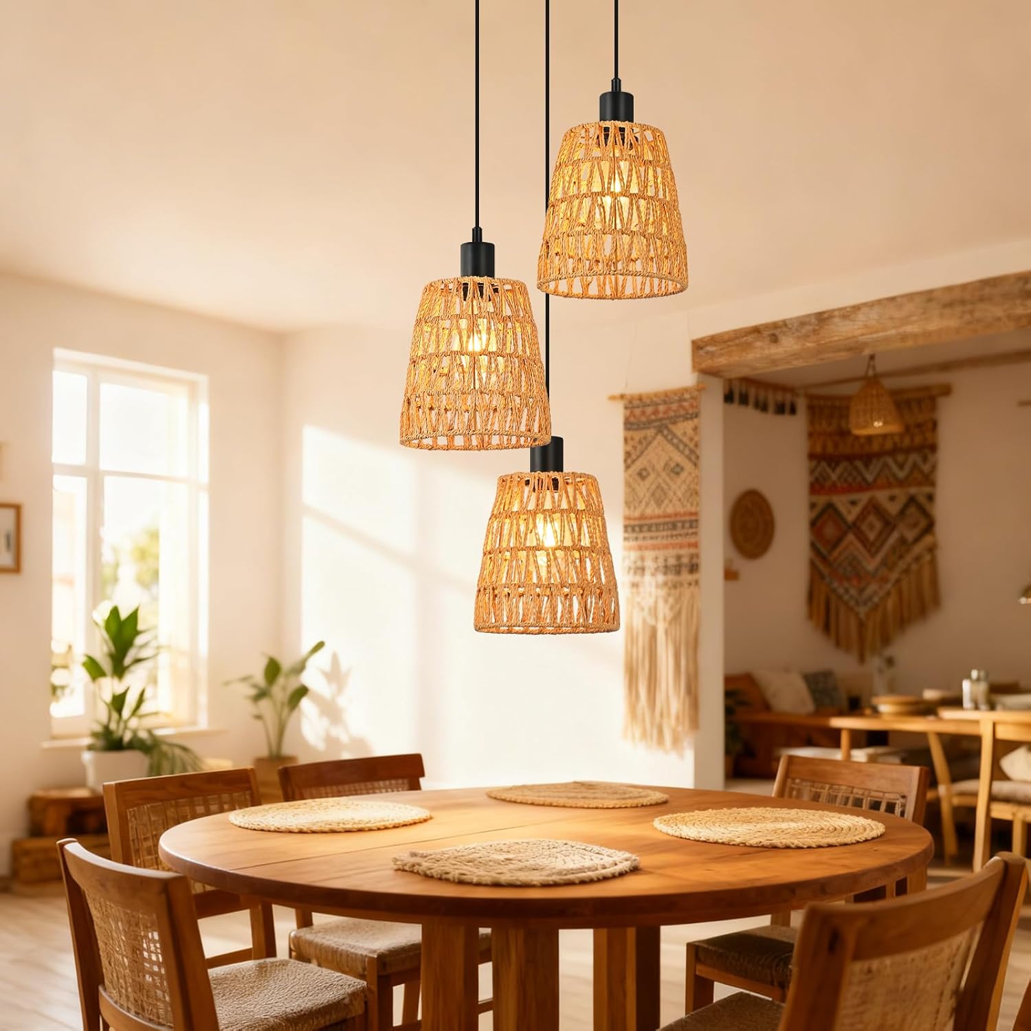 Lampa wisząca Nettlife Boho Rattan z 3 żarówkami – żyrandol z plecionej liny konopnej w stylu vintage, E27 (żarówki nie są dołączone) - 2