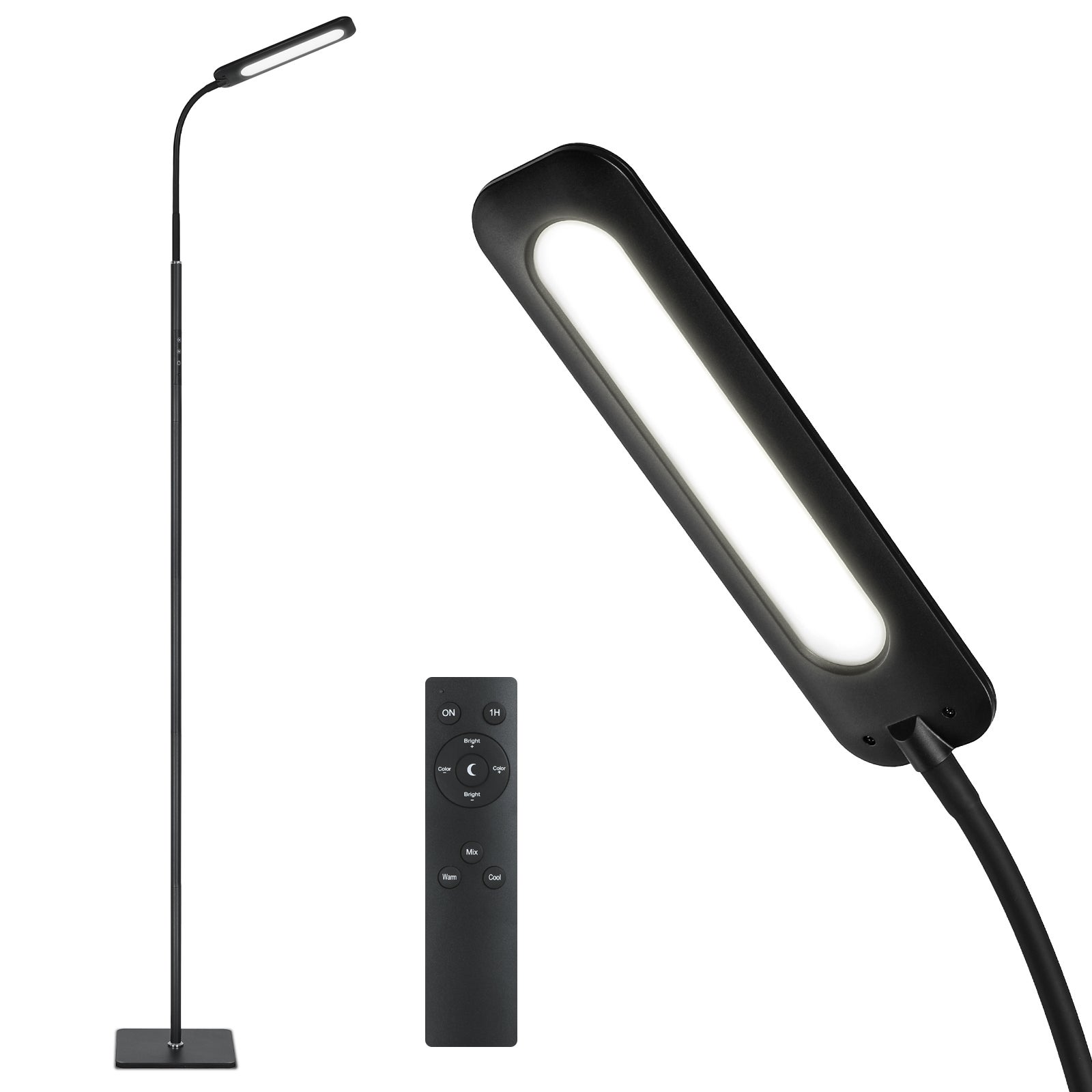 Lampa podłogowa LED 14W z pilotem, elastyczna gęsia szyja, możliwość ściemniania, 3 temperatury barwowe, idealna do salonów, sypialni i biur