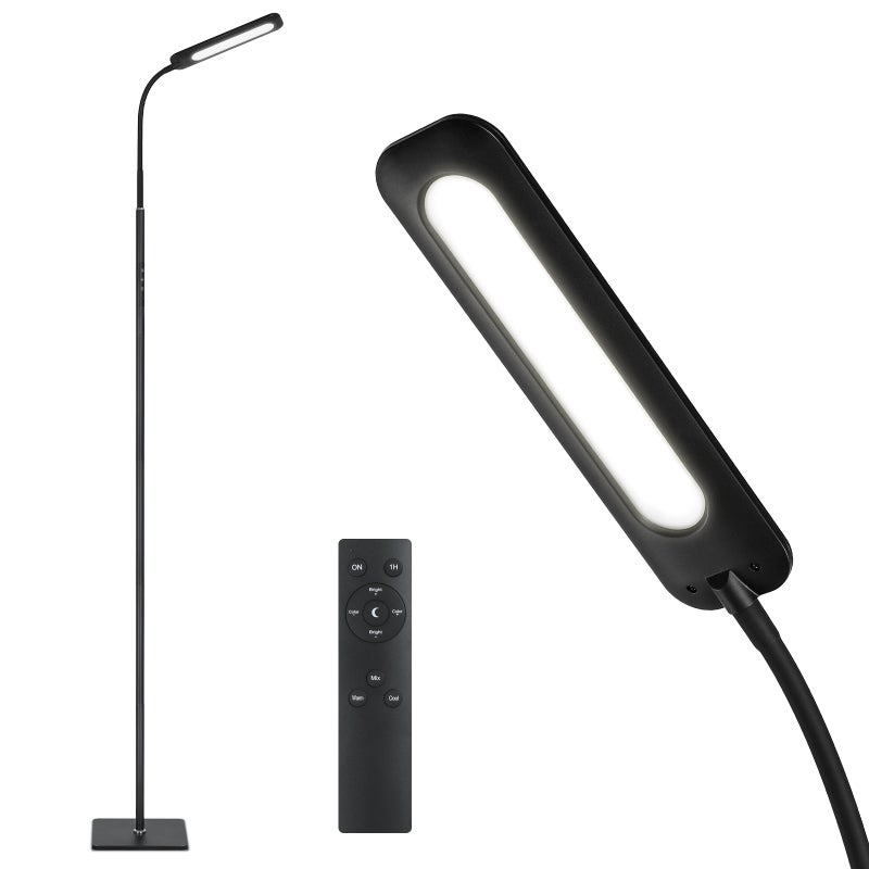 Lampa podłogowa LED 14W z pilotem, elastyczna gęsia szyja, możliwość ściemniania, 3 temperatury barwowe, idealna do salonów, sypialni i biur