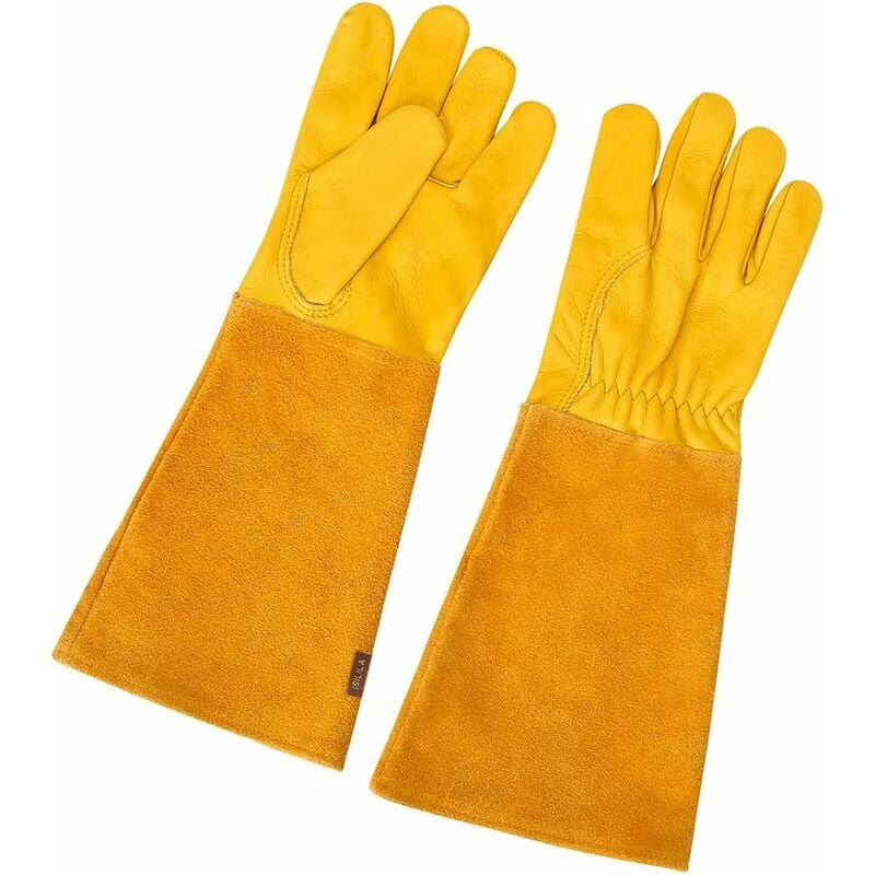 (Jaune M)Gants de Jardinage en Cuir Respirant pour Homme et Femme avec Gant Anti-épine, Manches Longues en Cuir de Vache pour Jardinier et Fermier - 5