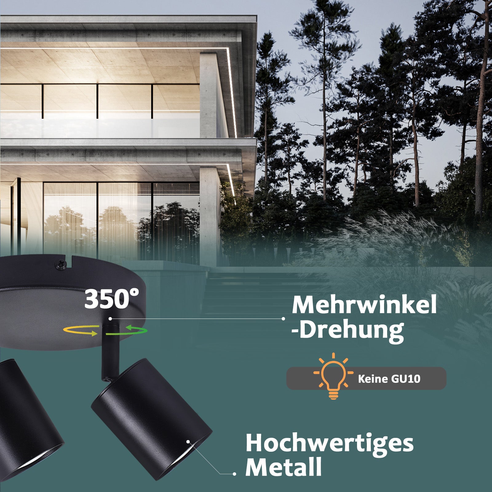 NETTLIFE Foco de techo LED Lámpara de techo con 2 lámparas GU10 negras orientable 330° redondo moderno - 5