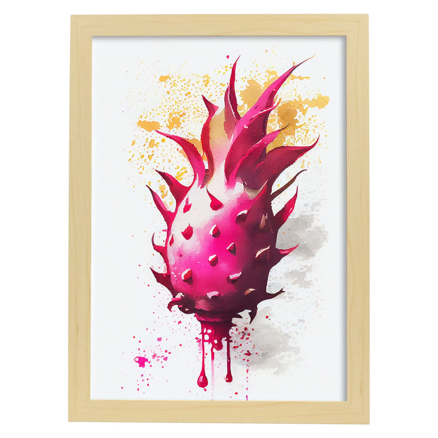 Nacnic poster de pitahaya a todo color ilustraciones de frutas verduras y comida sana en estilo acuarela diseño moderno y a3 con marco de madera clara