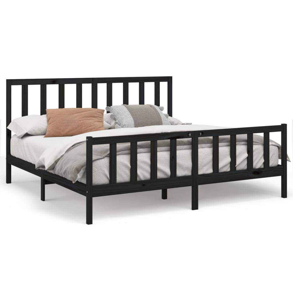 Cadre de lit sans matelas noir 200x200 cm en bois massif de pin - 2