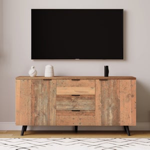 VidaXL Mueble De TV De Madera Maciza De Mango Con Cajones Y Compartimento, Rústico, Industrial, Acabado Hecho A Mano, Color Marrón