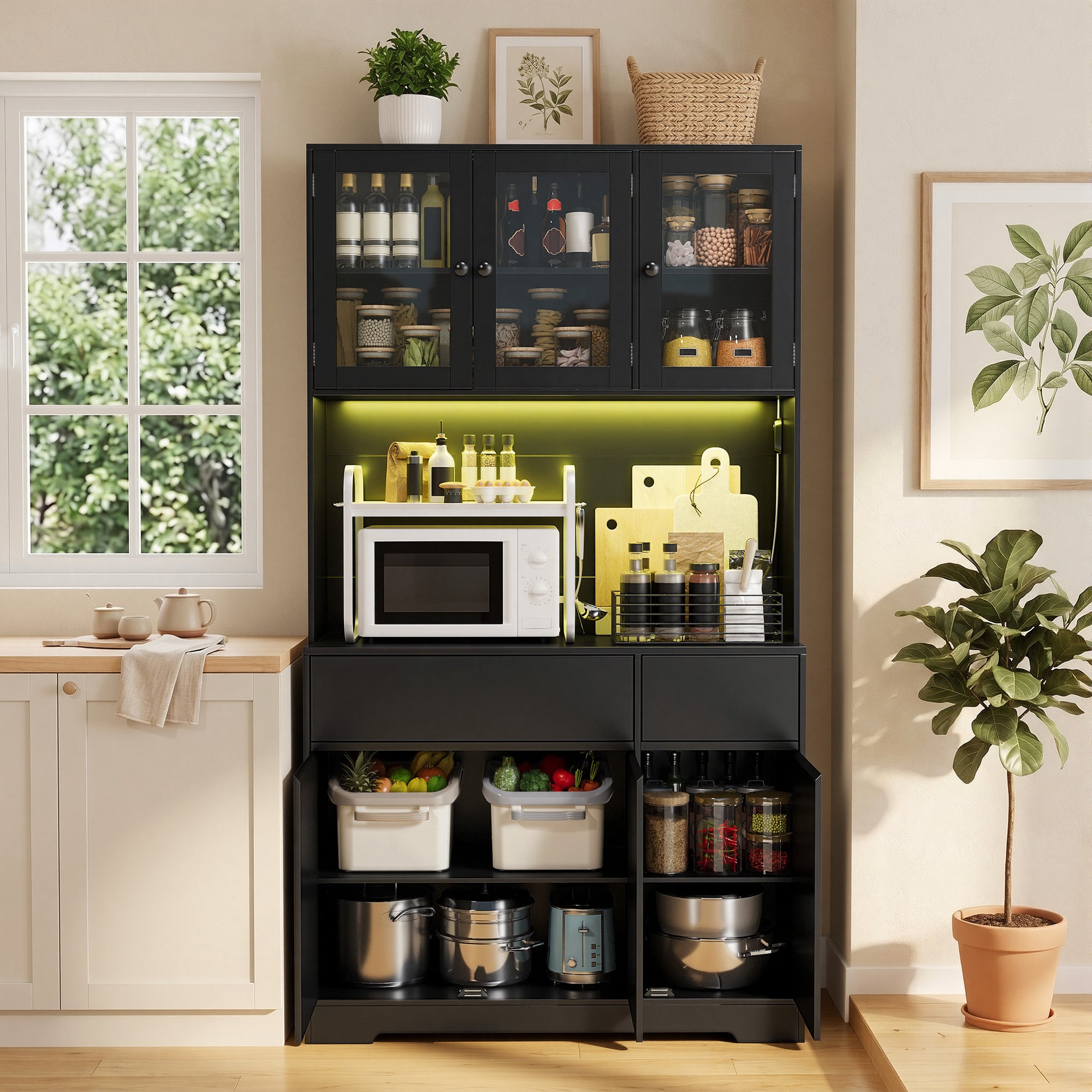 Meuble de rangement cuisine haut,100 cm,noir,avec 2 tiroirs et 6 portes,portes vitrées et prises USB - 8
