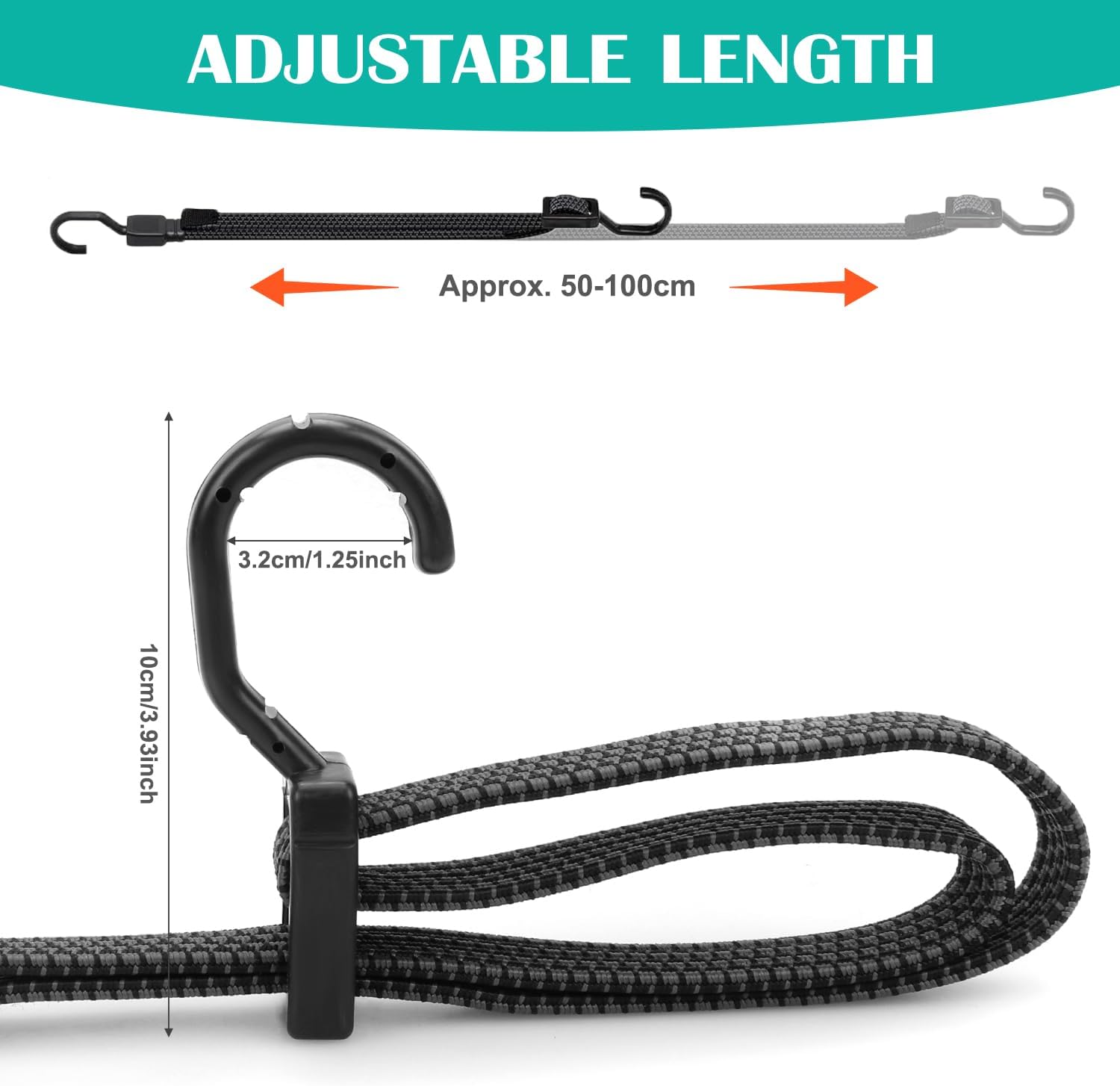 4 elastici regolabili con gancio, 3 cm x 100 cm, in gomma, con gancio, tenditori, tenditori per bagagli, elastico con ganci per campeggio, moto, trasporto auto, bicicletta