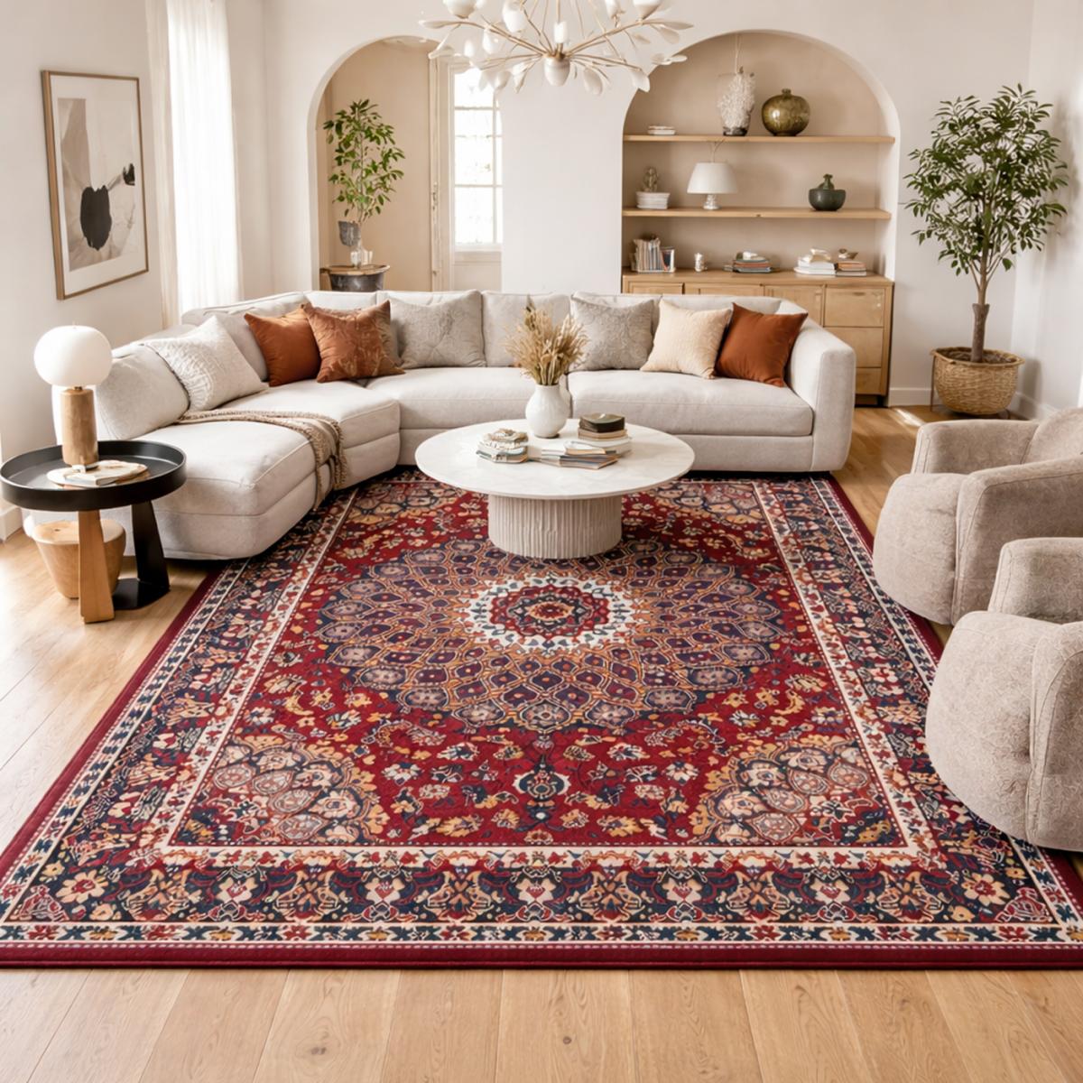 Tapis oriental 120x170 rectangle crème et rouge tissé motif ethnique LYN1 ROSOR - 2