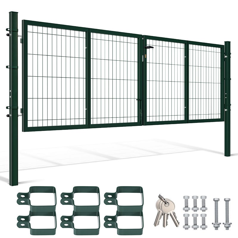 Metalowa furtka ogrodowa 300 x 100 cm - Podwójne skrzydła Furtka z siatką - Z zamkiem, uchwytem i blokadą w podłożu - Zielona Kwadratowa rura