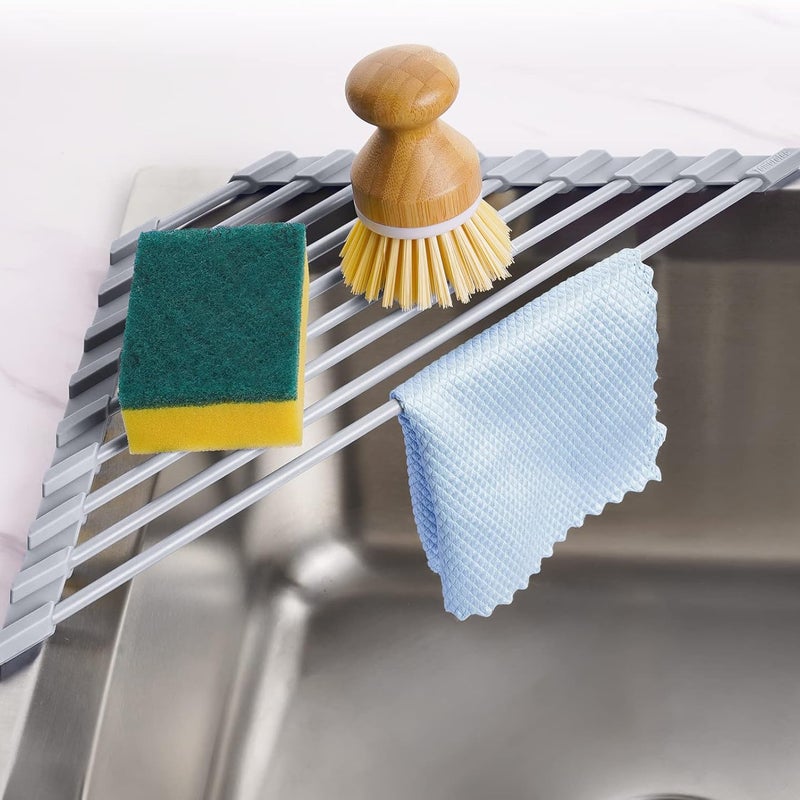 Mały trójkątny ociekacz zwijany z ramą ze stali nierdzewnej pokrytej silikonem, odpowiedni do narożników zlewu (szary).