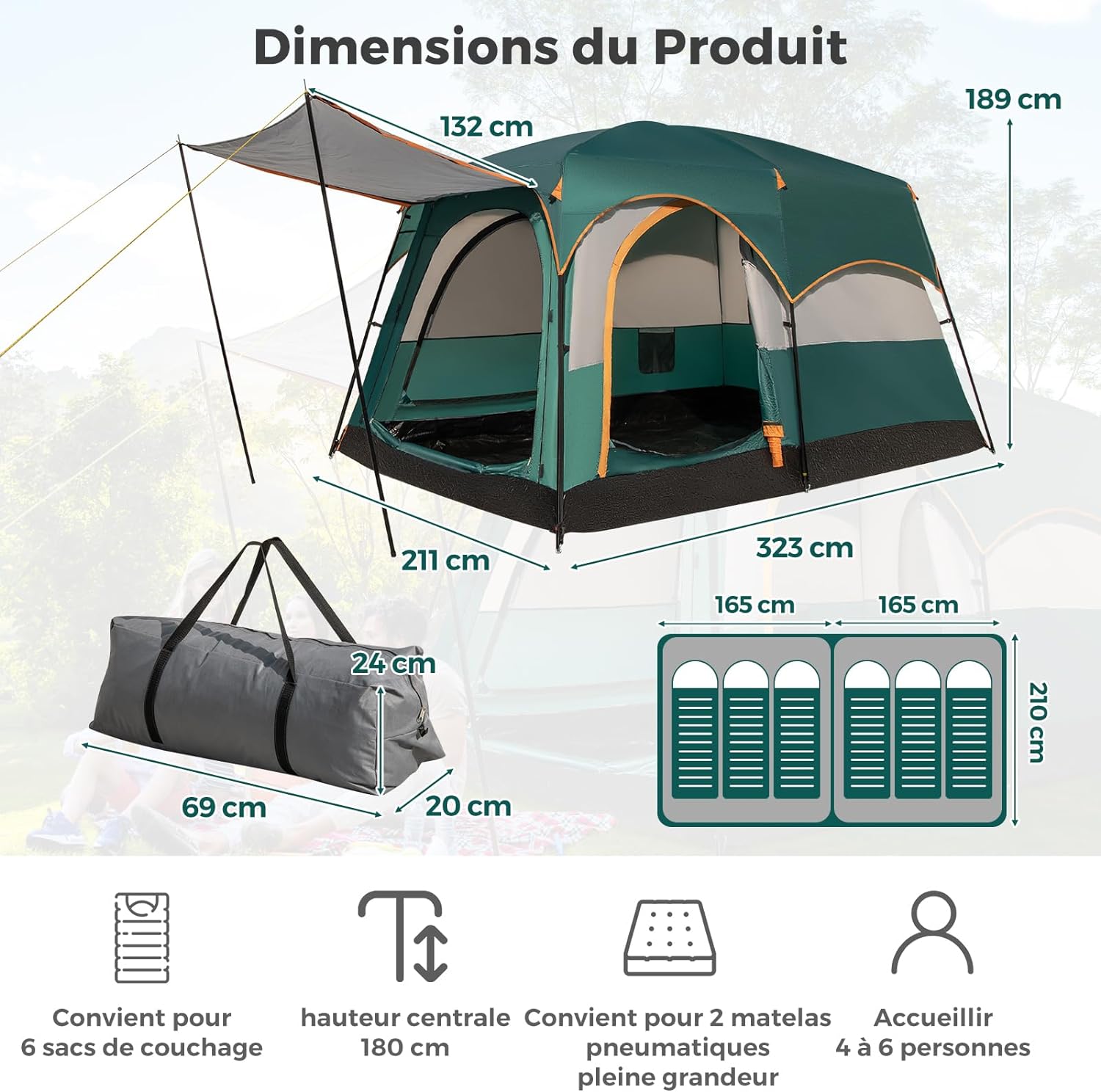 Tente de Camping avec 2 Pièces pour 4-6 Personnes, Tente Familiale Double Couchage Double - 4
